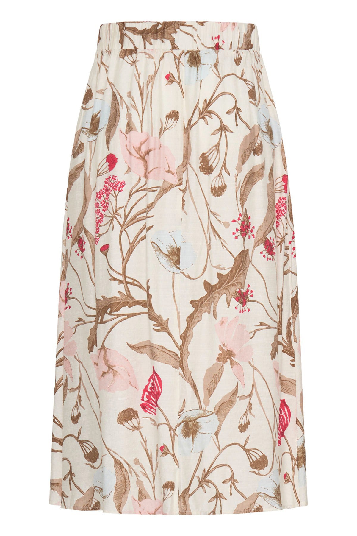 Lang hvid nederdel med blomsterprint i rosa, brun og beige, slids i siden.