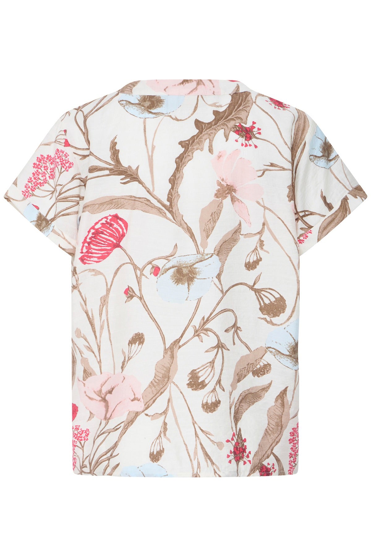 Kortærmet top med v-udskæring i hvid med blomsterprint i rosa og beige nuancer.