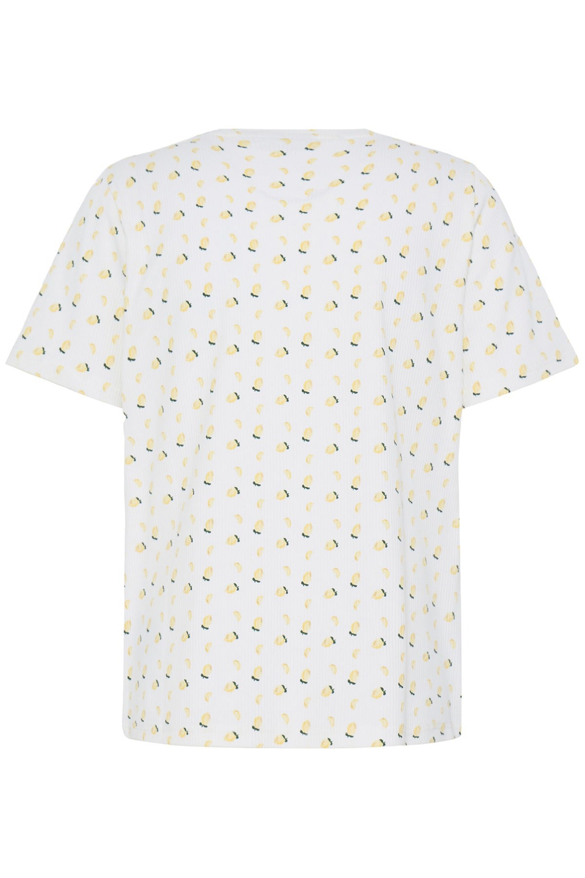 Hvid kortærmet t-shirt med små gule citrustræer og grønne blade over hele stoffet.