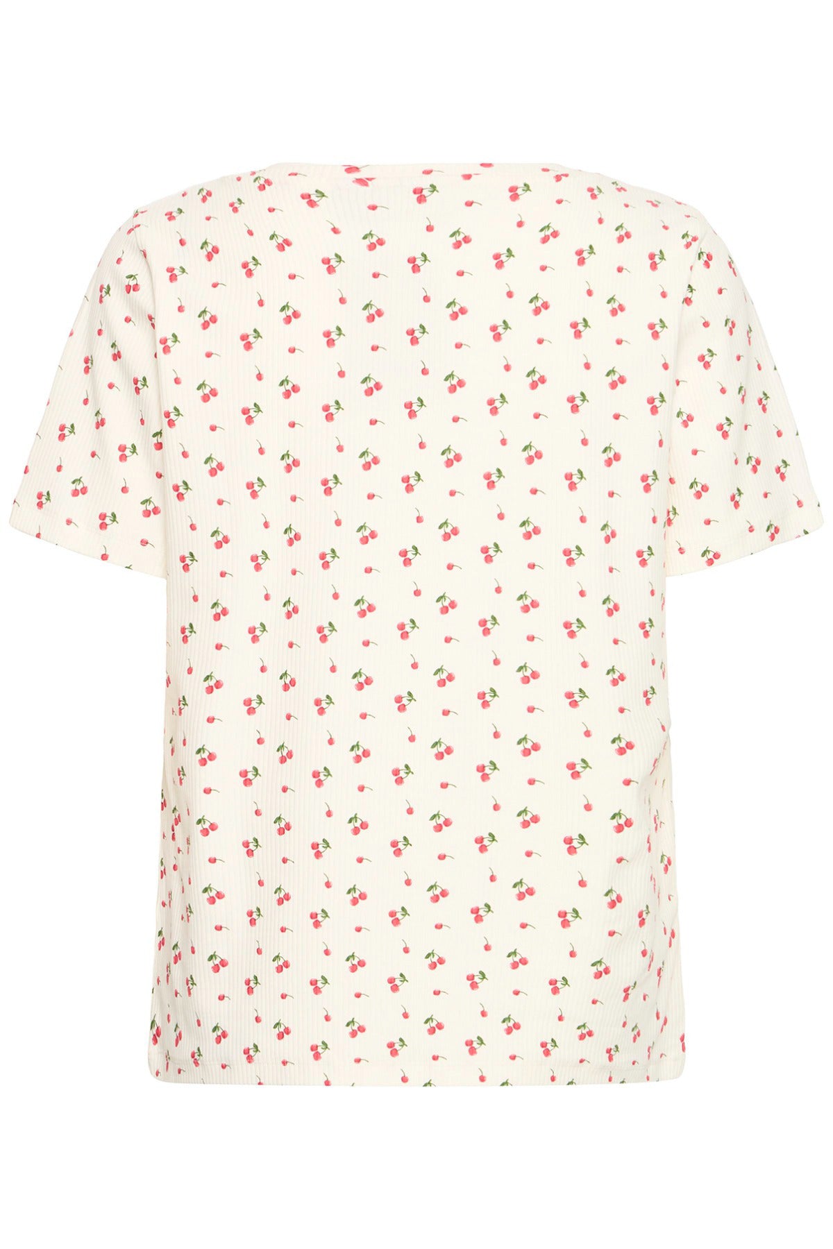 Kortærmet t-shirt i pastelgul med små røde kirsebærprint over hele stoffet.