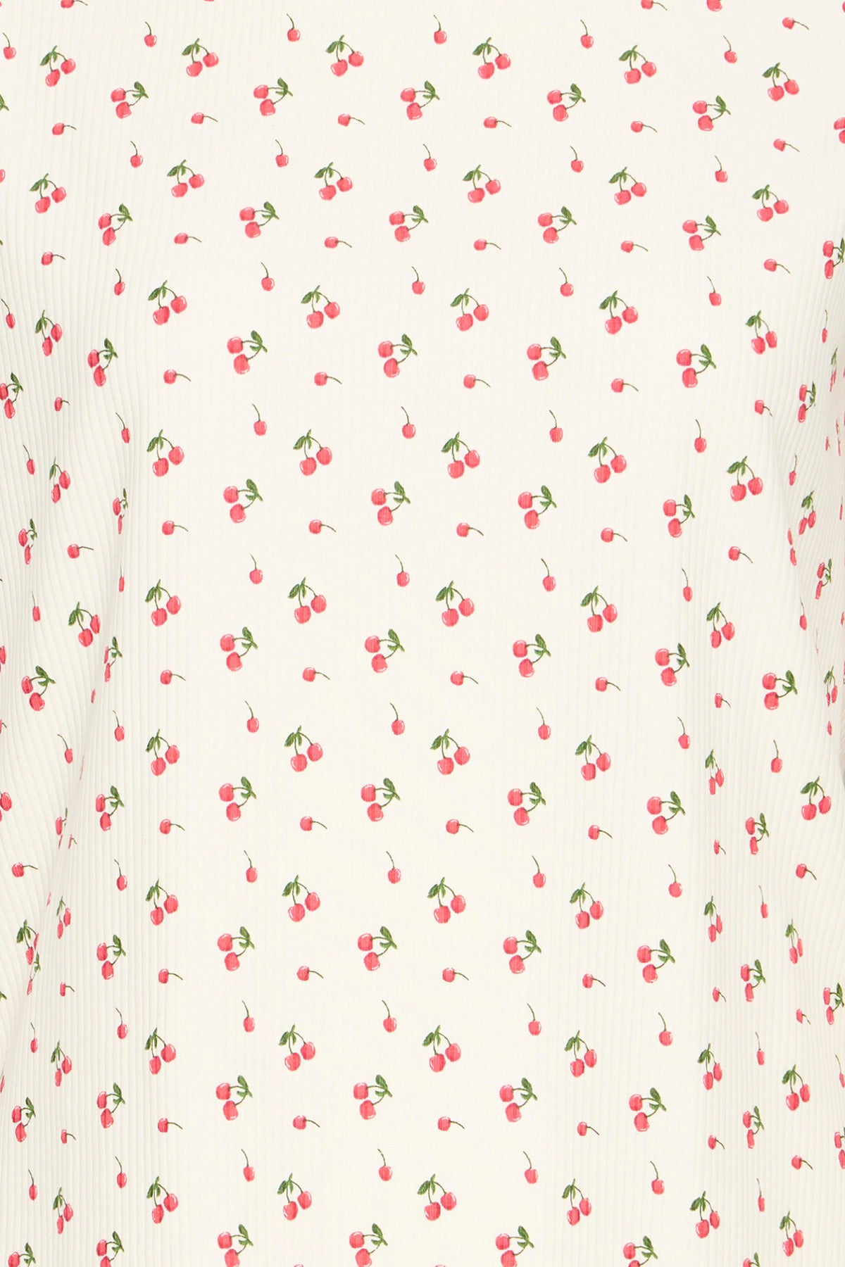 Kortærmet t-shirt i pastel gul med små røde kirsebærprint og rund hals.