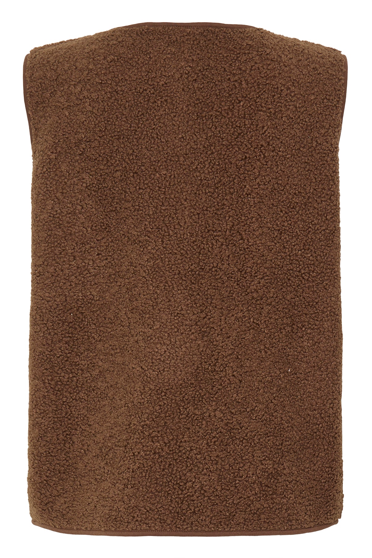 Brun teddyvest uden ærmer med blødt, tekstureret fleece og knappelukning.