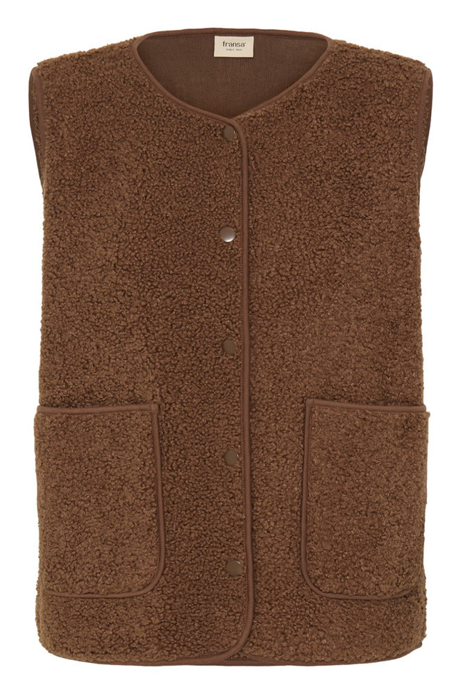 Brun teddy vest med knapper og to frontlommer, blød og fluffy tekstur.