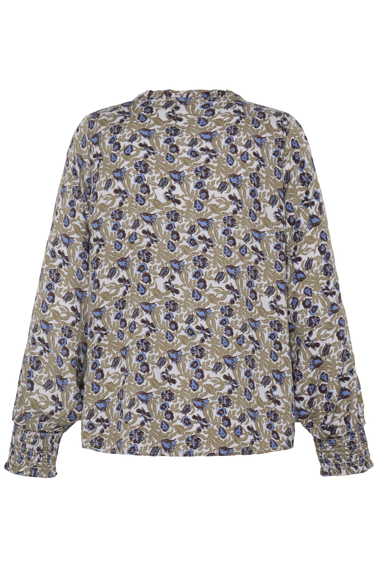 Langærmet bluse i grøn med beige og blå mønster, let og løs pasform, rund hals og brede ærmekanter.