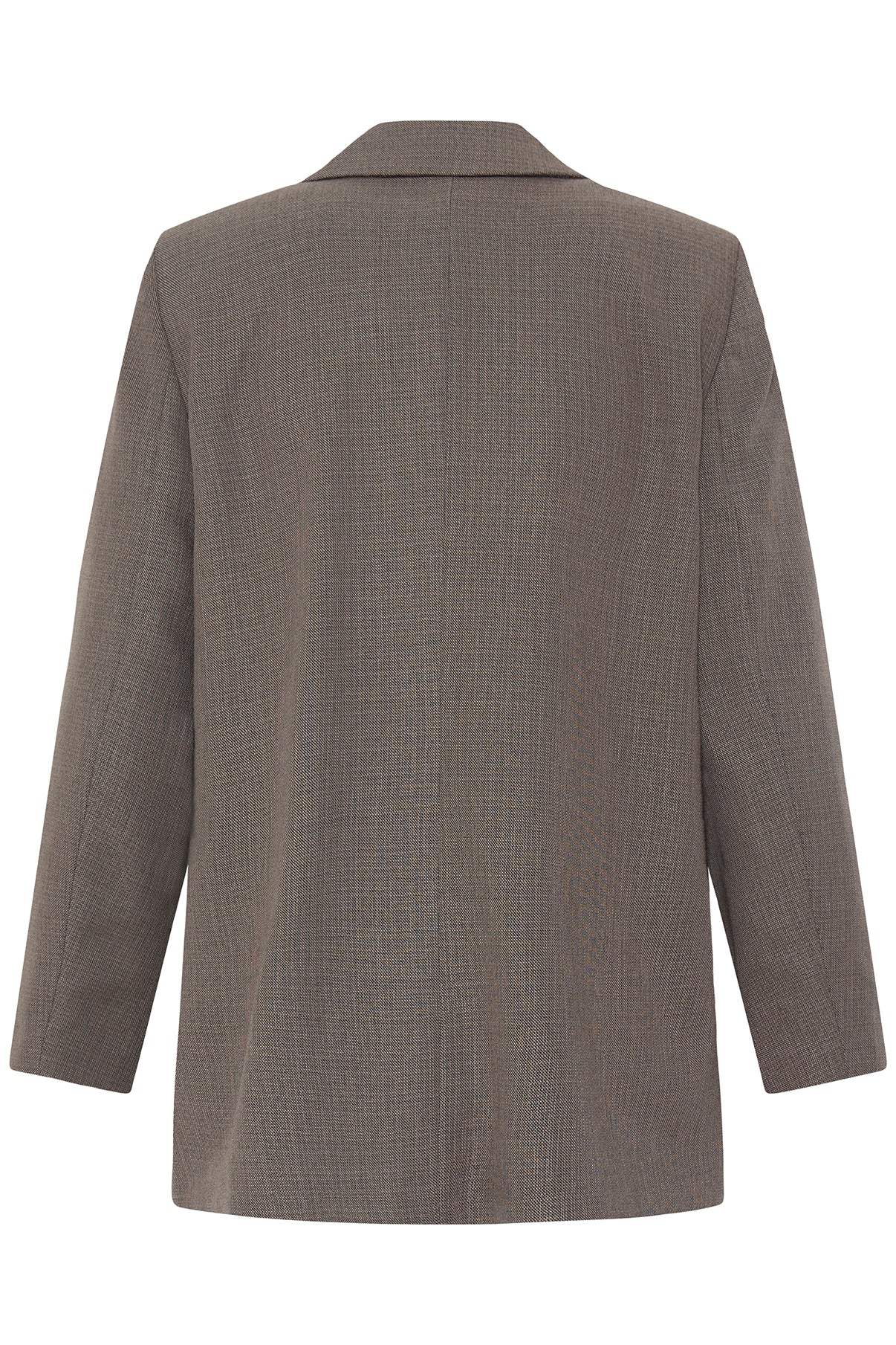 Klassisk dobbeltradet blazer i driftwood melange med revers set bagfra.