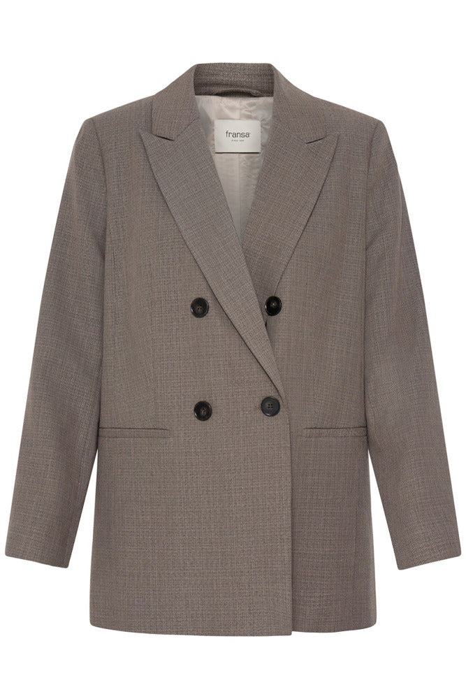 Klassisk dobbeltradet blazer i driftwood melange med revers og sorte knapper.