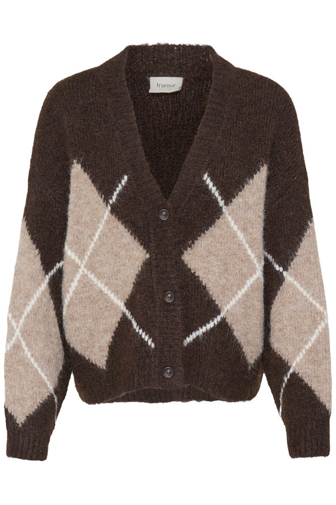 Brun cardigan med argyle-mønster i beige og hvid, lavet af uld med knappelukning.