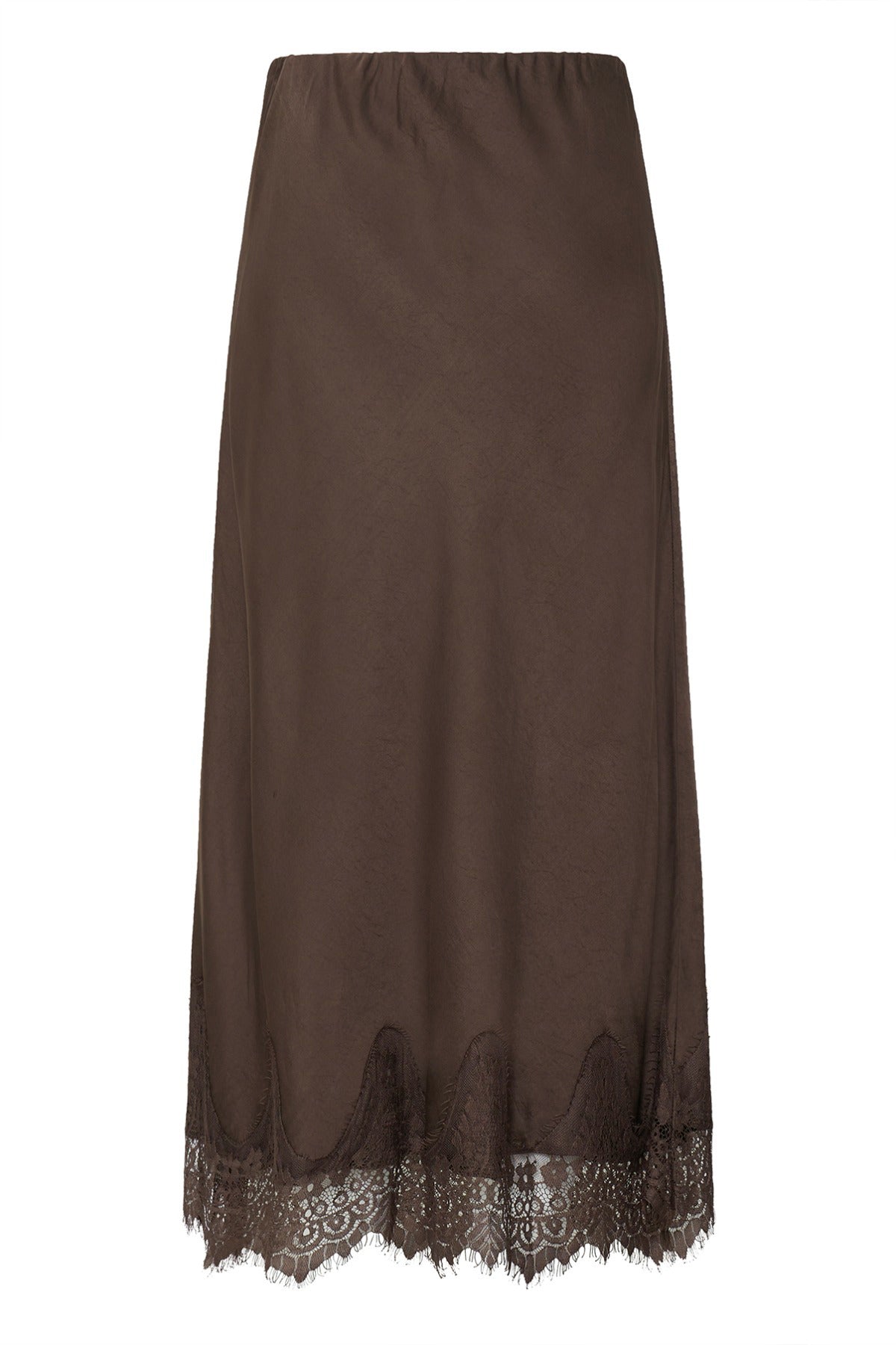 Brun midi nederdel med elastisk talje og blondedetalje forneden.
