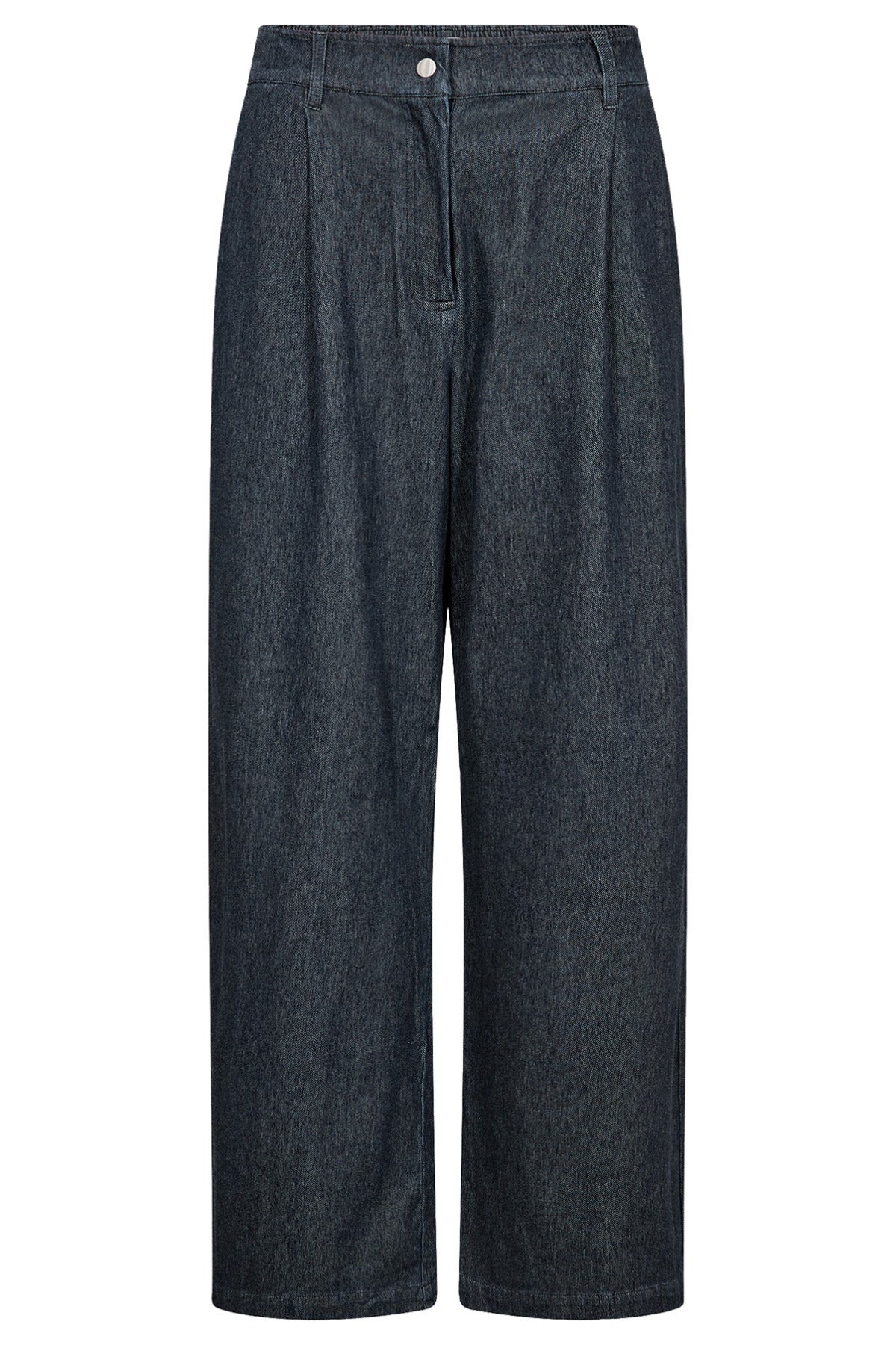 Mid blue denim jeans med brede ben og detaljerede læg foran.