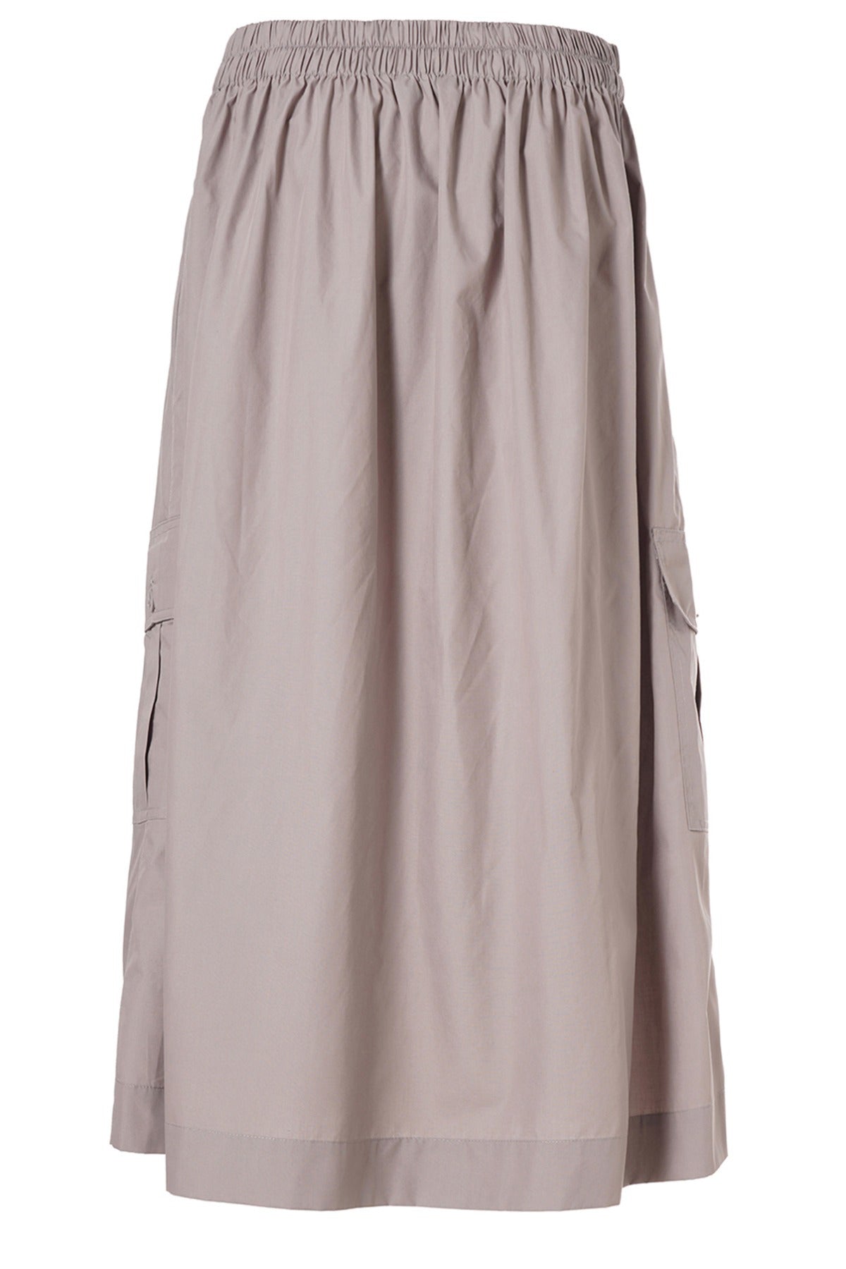 Beige midi nederdel med elastisk talje, lodrette læg og sidelommer.