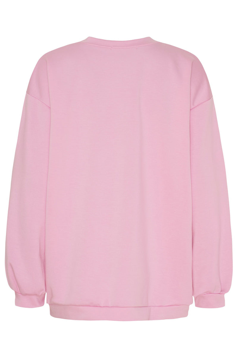 Lyserød sweatshirt med rund hals, lange ærmer og ribbet kant ved ærmer og bund.