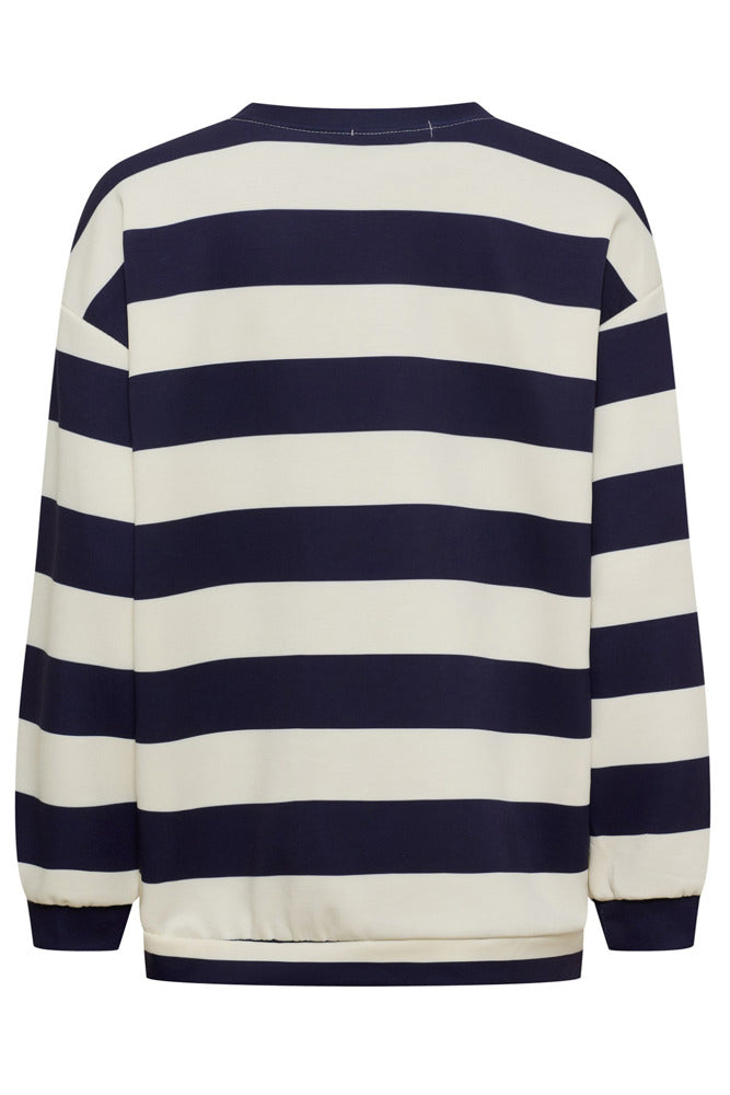 Stribet sweatshirt med brede blå og hvide striber, rund hals og ribkant ved ærmer og bund.