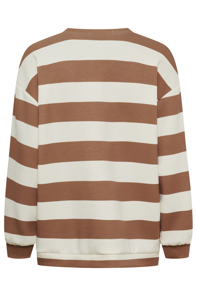 Stribet sweatshirt i beige og brun med rund hals og printdetalje bagpå.
