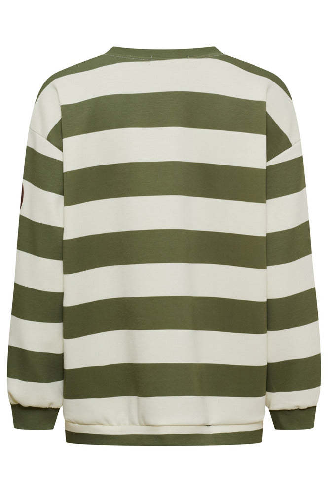 Stribet sweatshirt i grøn og creme med lange ærmer og rund hals.
