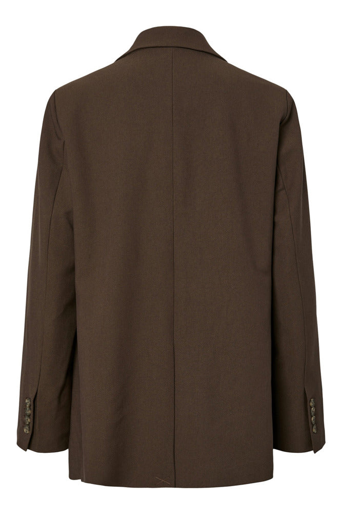 Chokoladebrun klassisk blazer med regulær pasform set bagfra, glat stof og knapper på ærmerne.