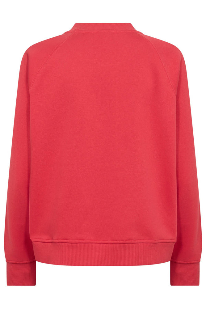 Rød langærmet sweatshirt med rund hals og ribkanter ved ærmer og bund.