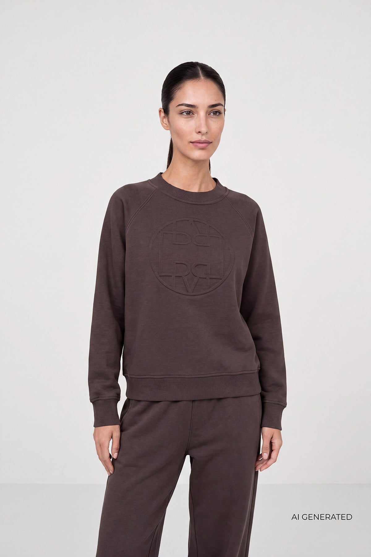 Langærmet mørkebrun sweatshirt med diskret tryk og rund hals, afslappet pasform.