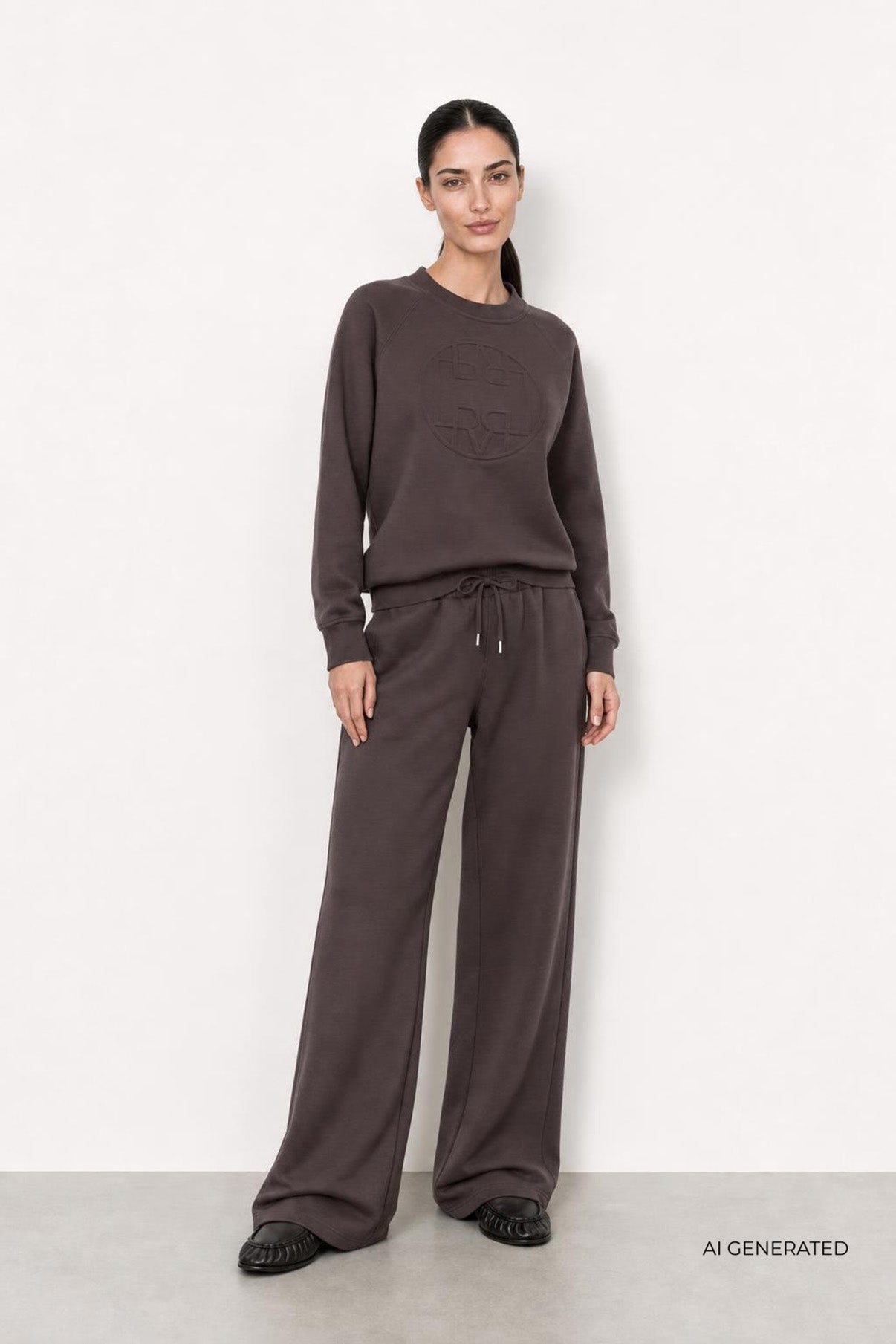 Mørkebrun langærmet sweatshirt med rund hals og matchende vide bukser i blødt materiale.
