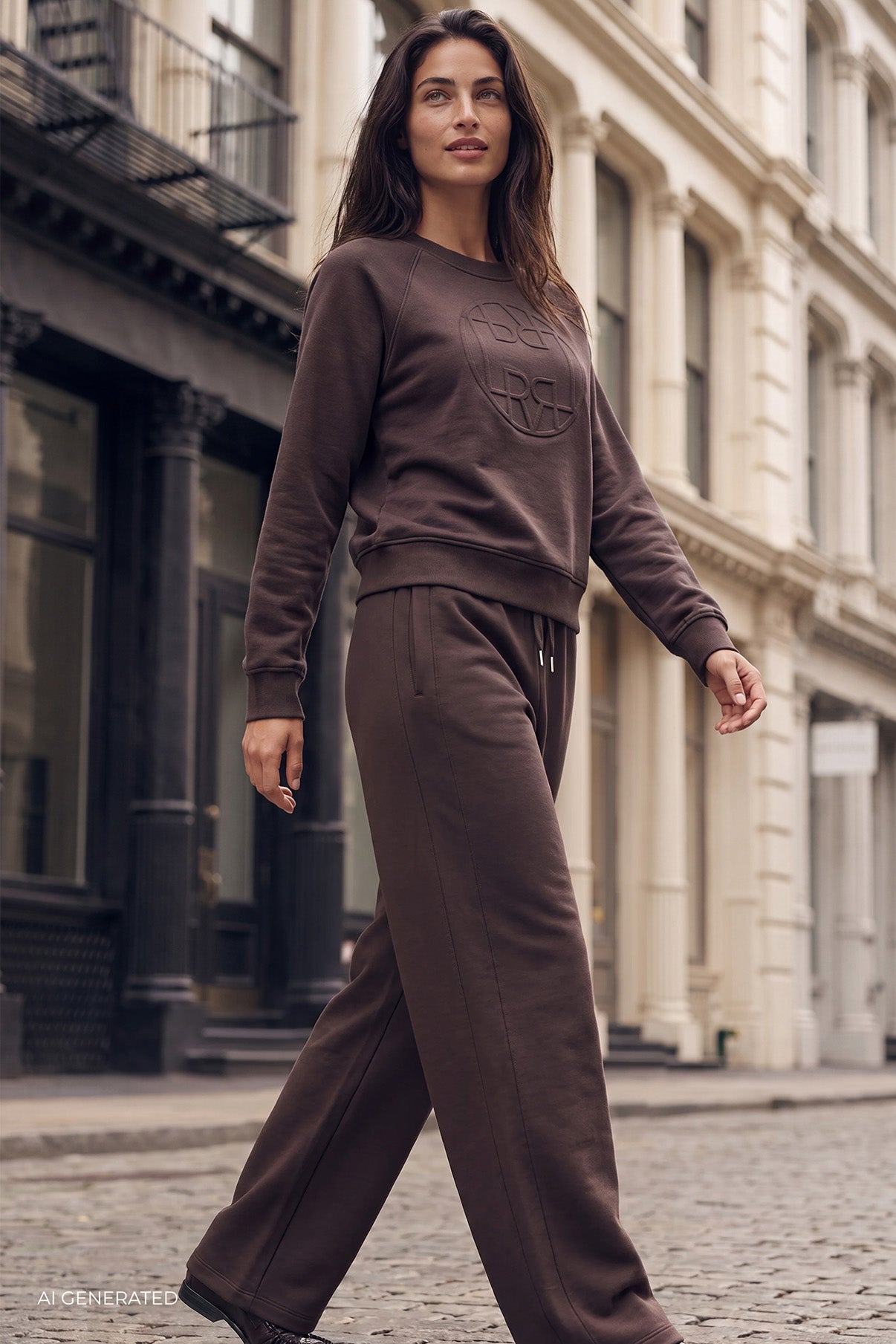 Brown langærmet sweatshirt med print og matchende løse bukser i afslappet fit, model går udendørs.