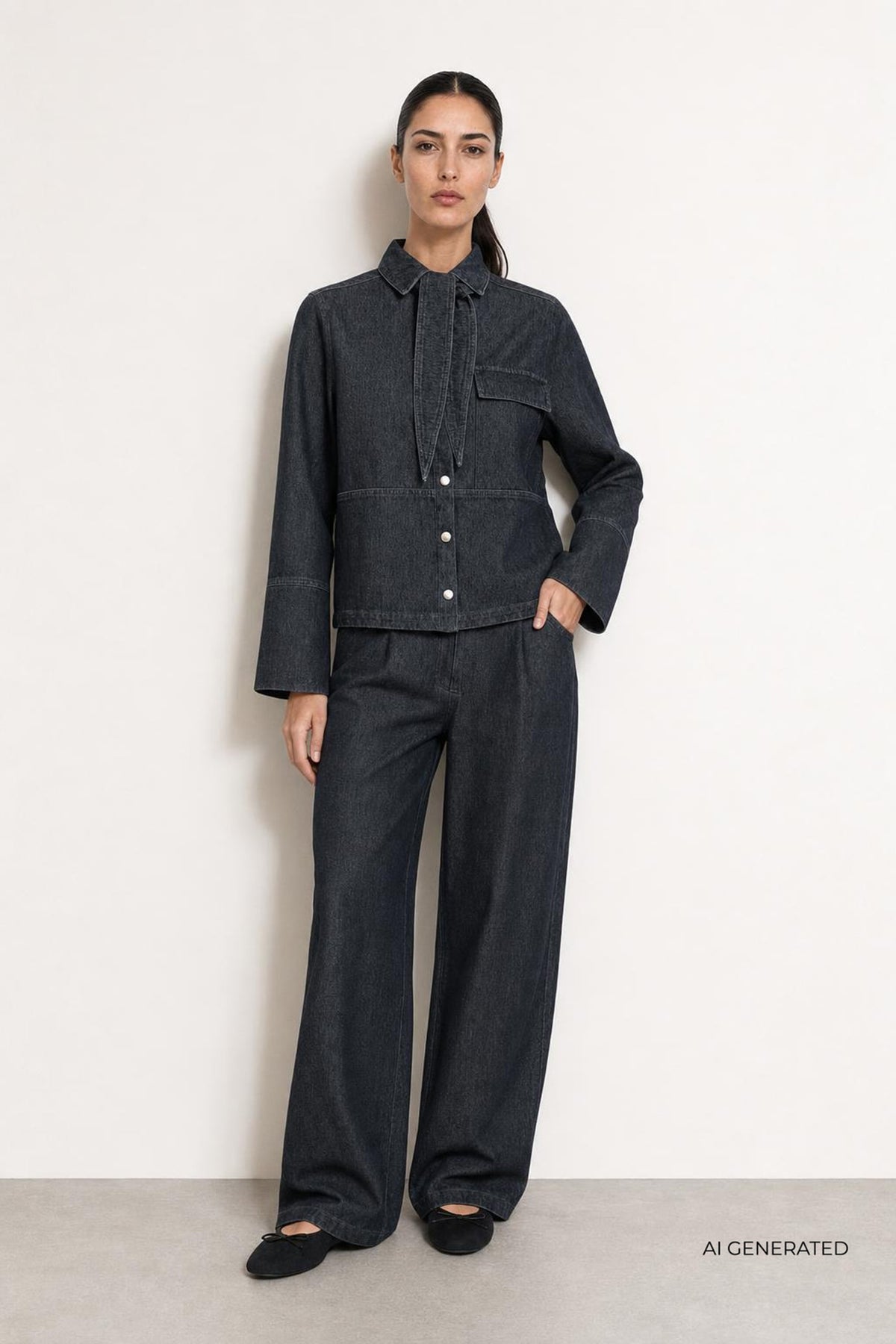 Midblå denim bukser med brede ben og læg, stylet med matchende denimjakke.