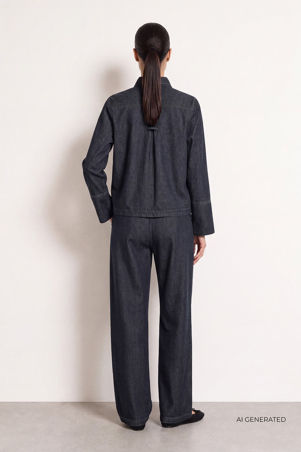 Sorte jeans med brede ben og læg set bagfra, stylet med sort jakke og hæle.
