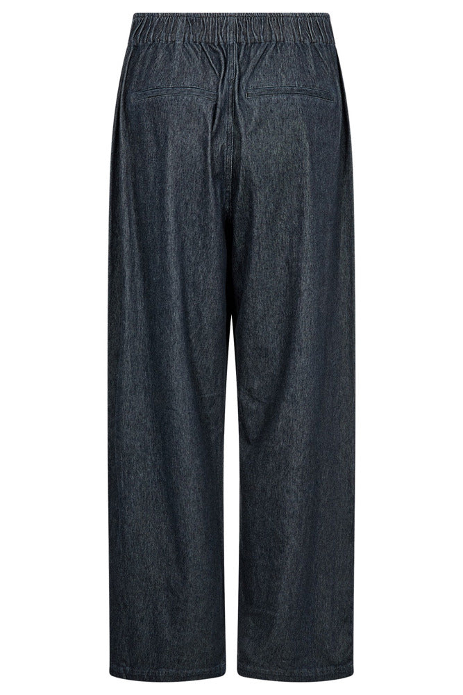 Blå denimjeans med bredt ben og elastisk talje set bagfra.