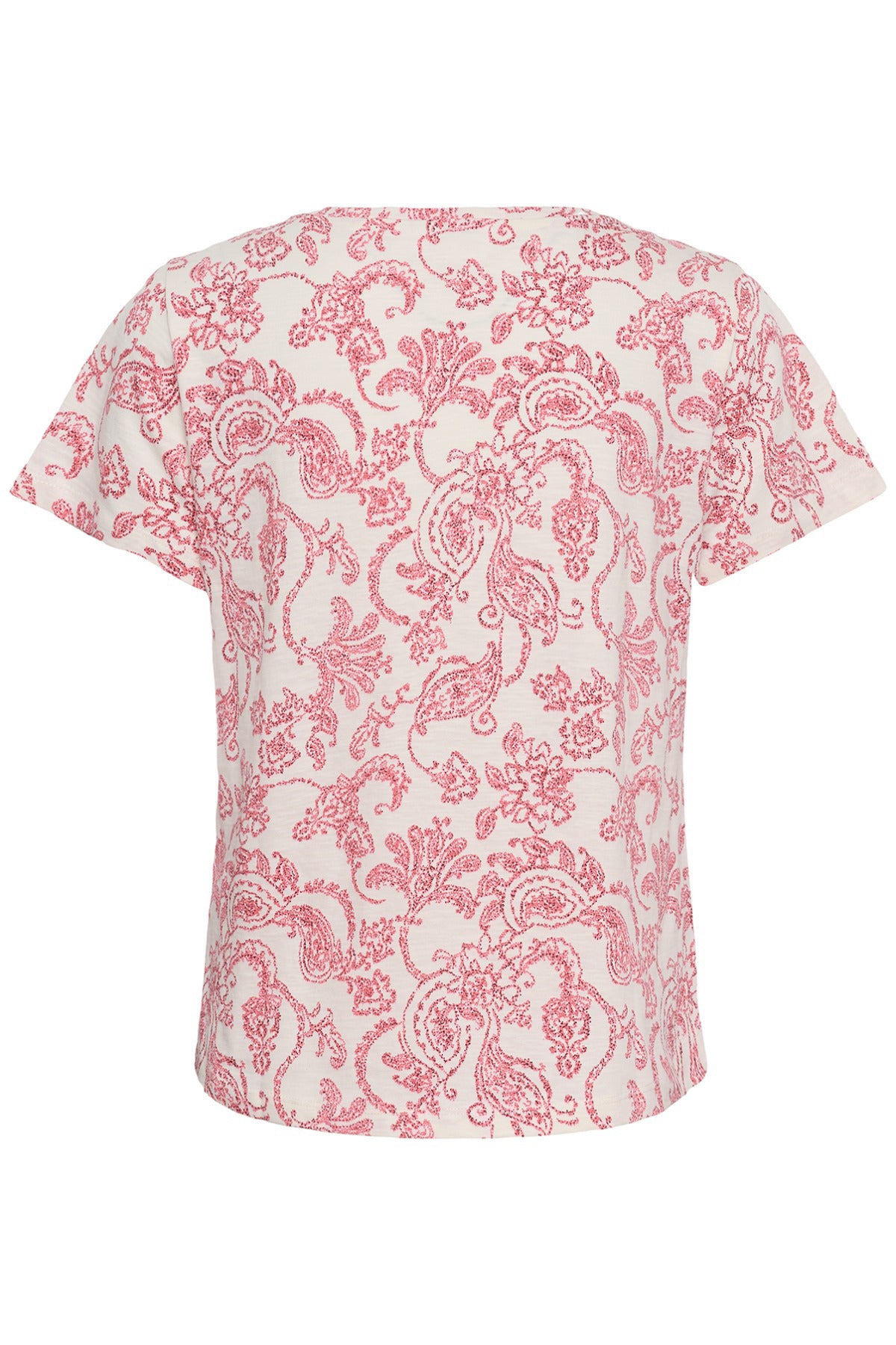 Kortærmet bluse med lyserødt paisley-blomsterprint på hvid bund.