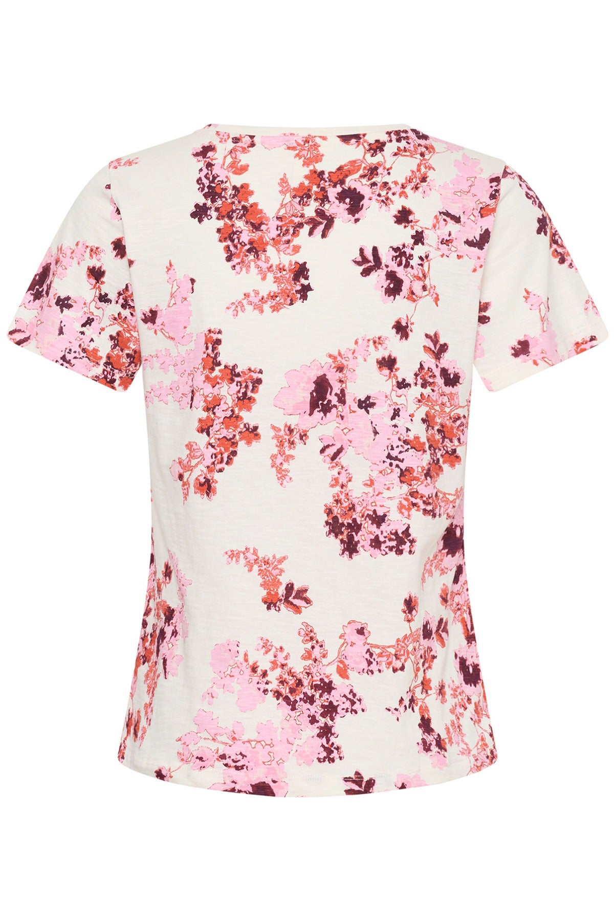 Kortærmet bluse med pink og rødt blomsterprint på hvid bund, let figursyet.
