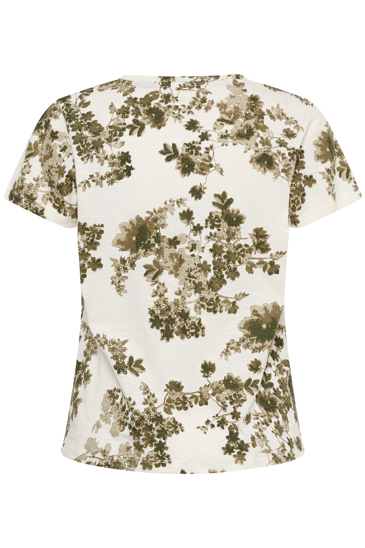 Kortærmet bluse i hvid med grønne blomsterprint og rund hals.