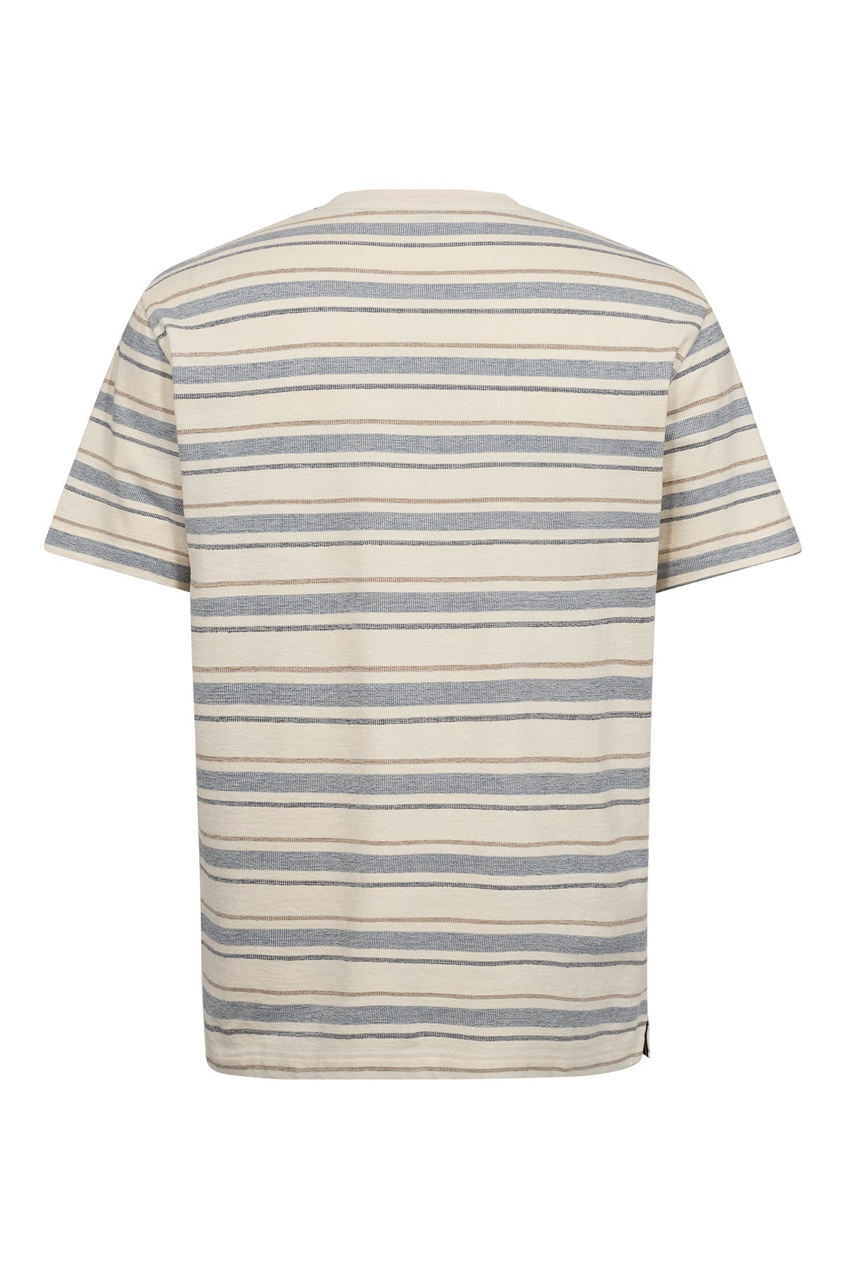 Stribet t-shirt i blå og beige med korte ærmer og rund hals set bagfra.