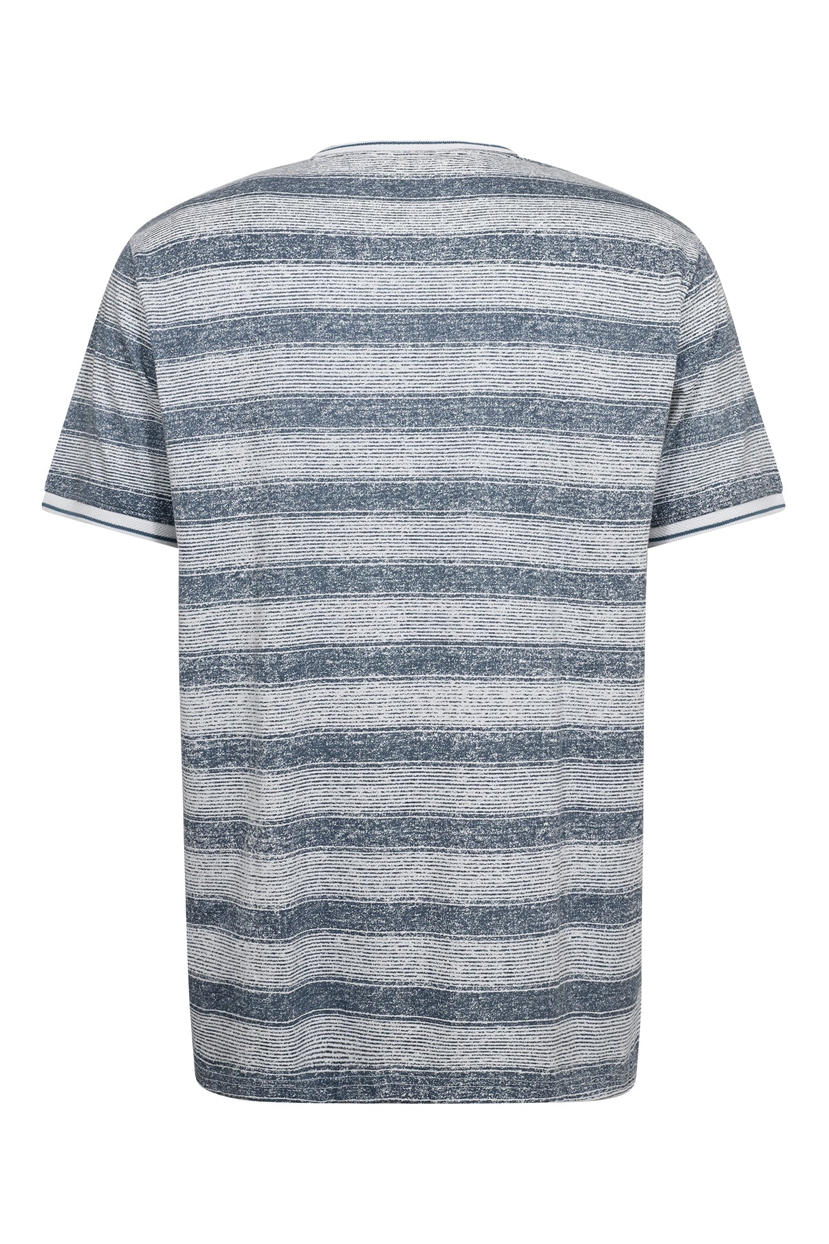 Kortærmet t-shirt med blå og grå striber, rund hals og afslappet pasform set bagfra.