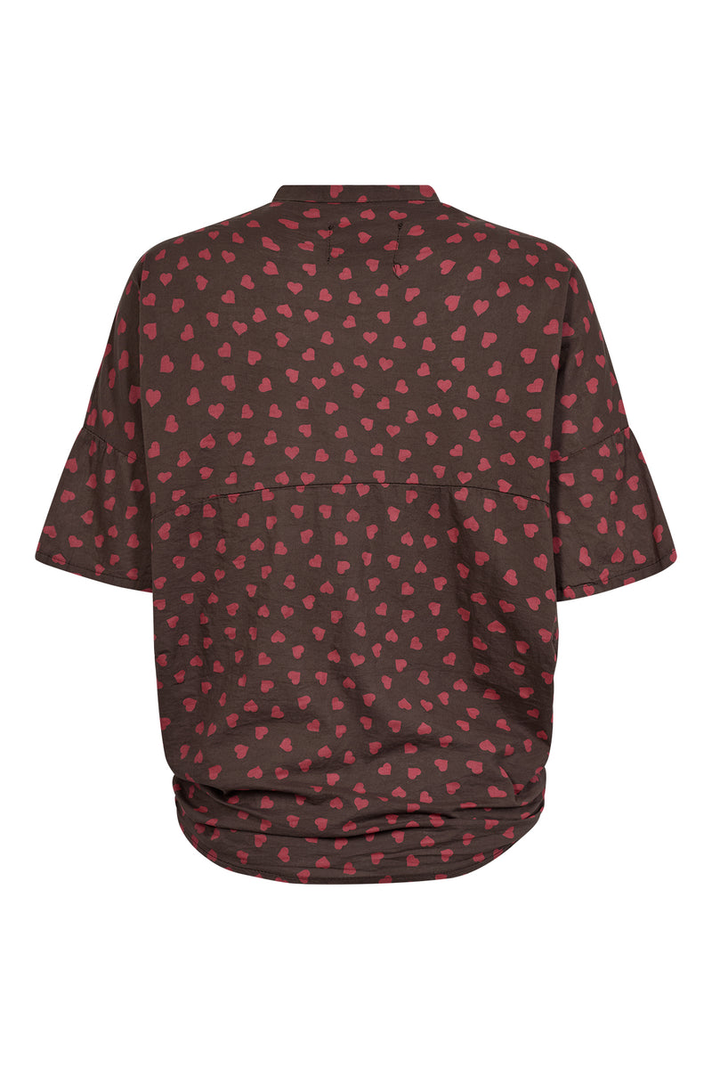 Kortærmet bluse med hjerteprint og bindedetalje
