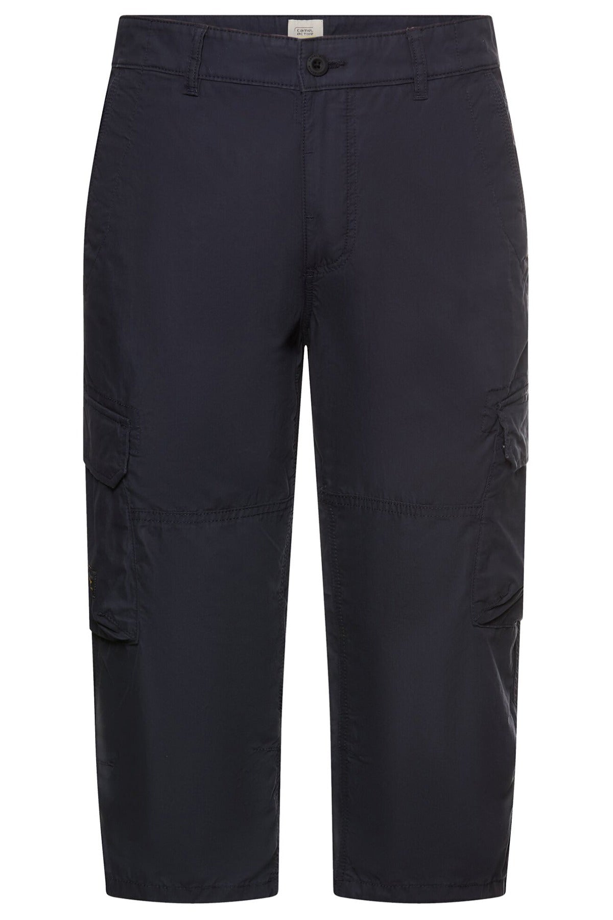 Mørkeblå lange bermuda shorts med sidelommer og knappelukning.