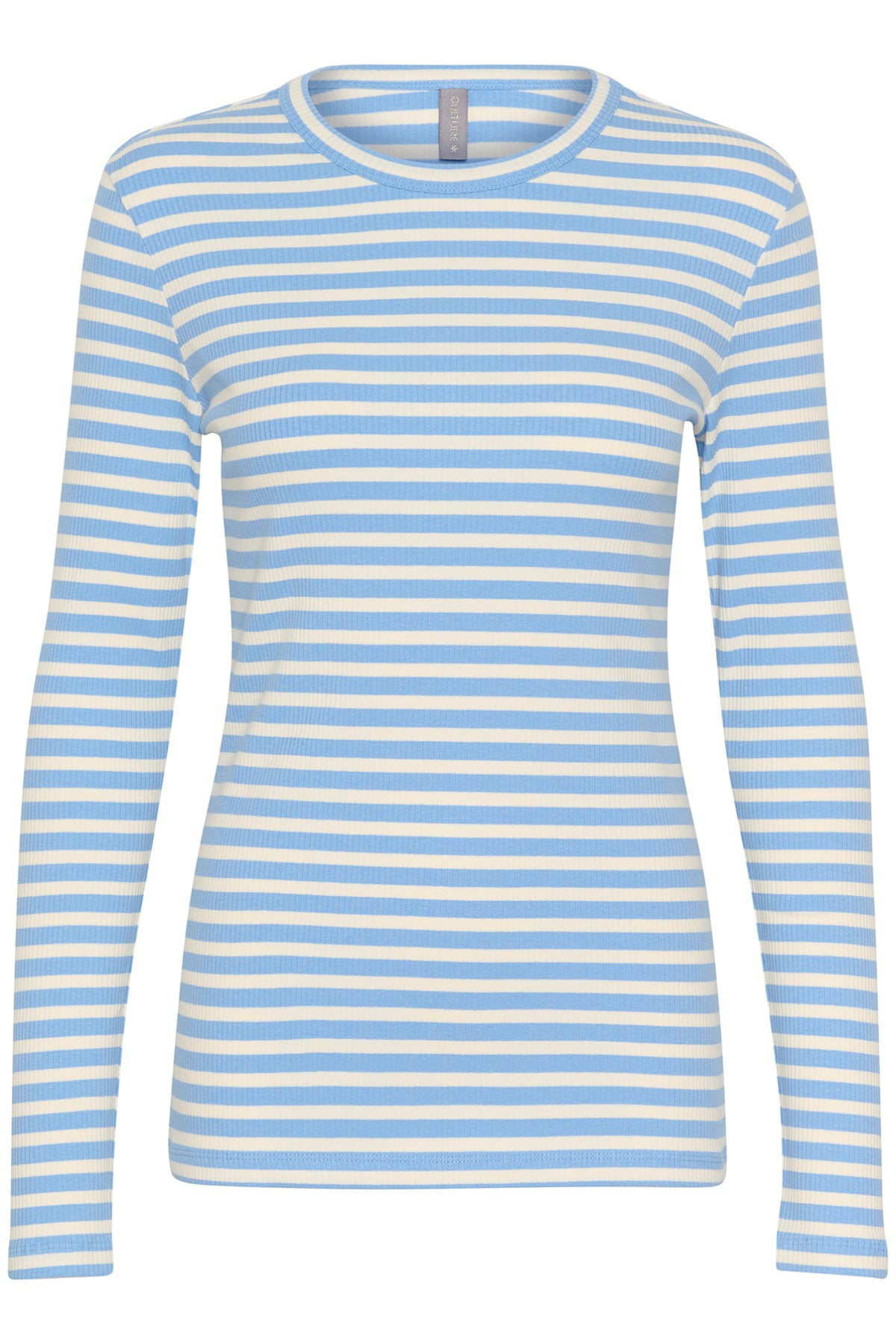 Langærmet T-shirt med smalle blå og hvide striber, rund hals og tætsiddende pasform.