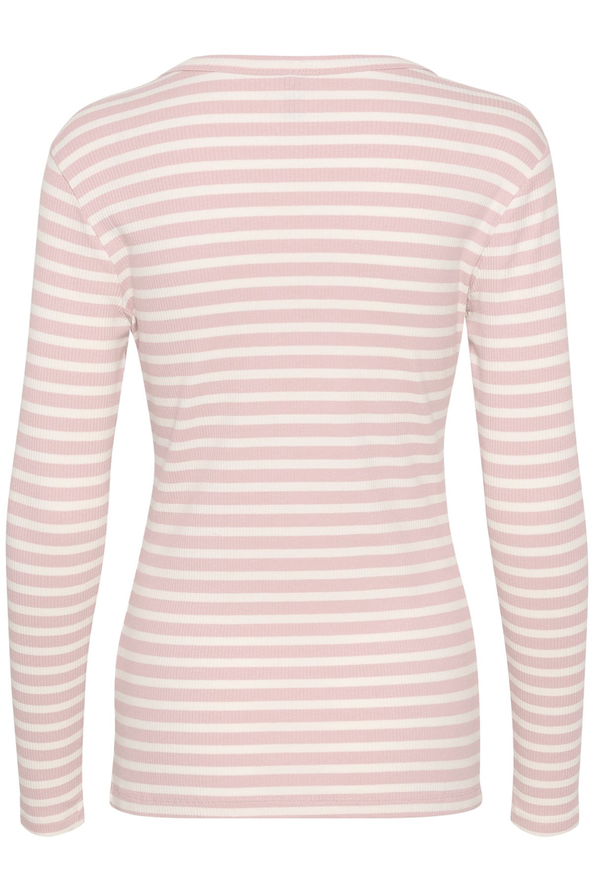 Langærmet t-shirt med lyserøde og hvide striber, tætsiddende pasform, rund hals</s>.