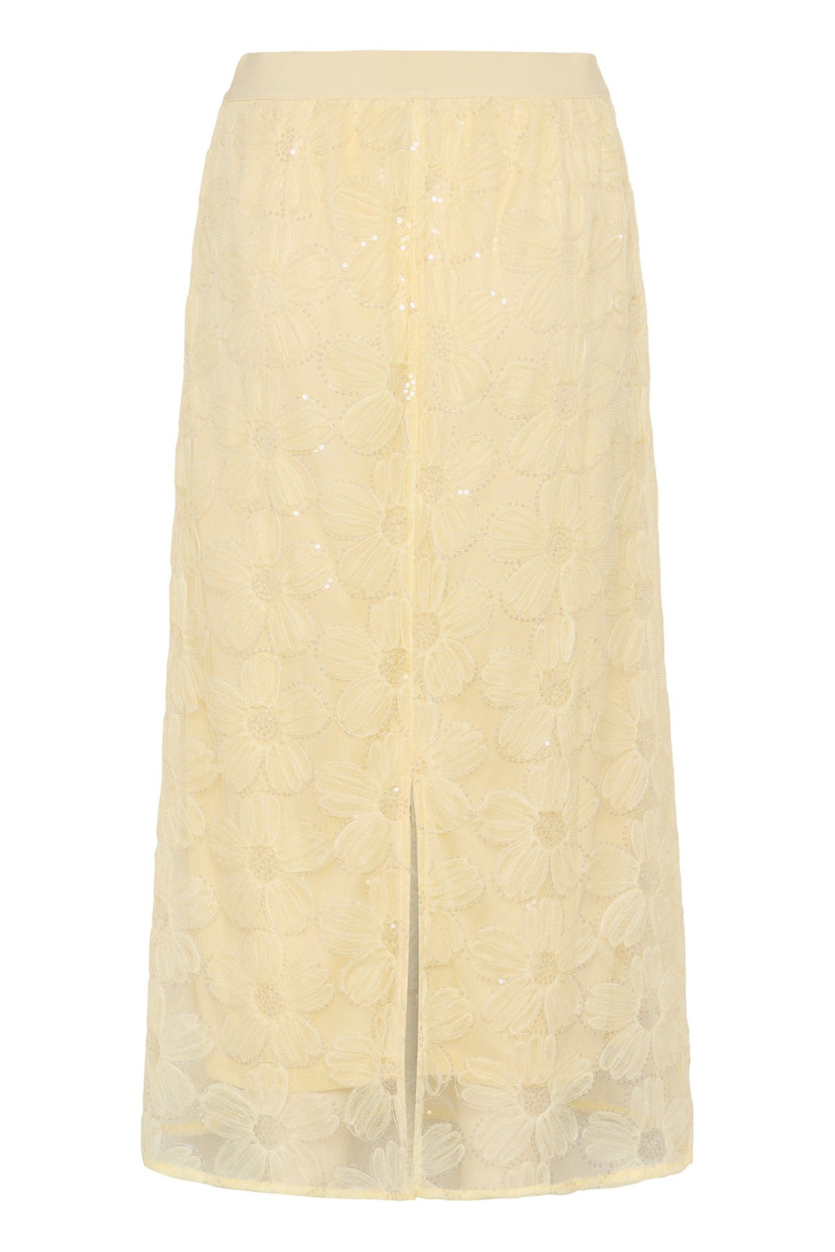 Lang lemonmeringue farvet nederdel med blonde og blomsterdetaljer, slids foran.