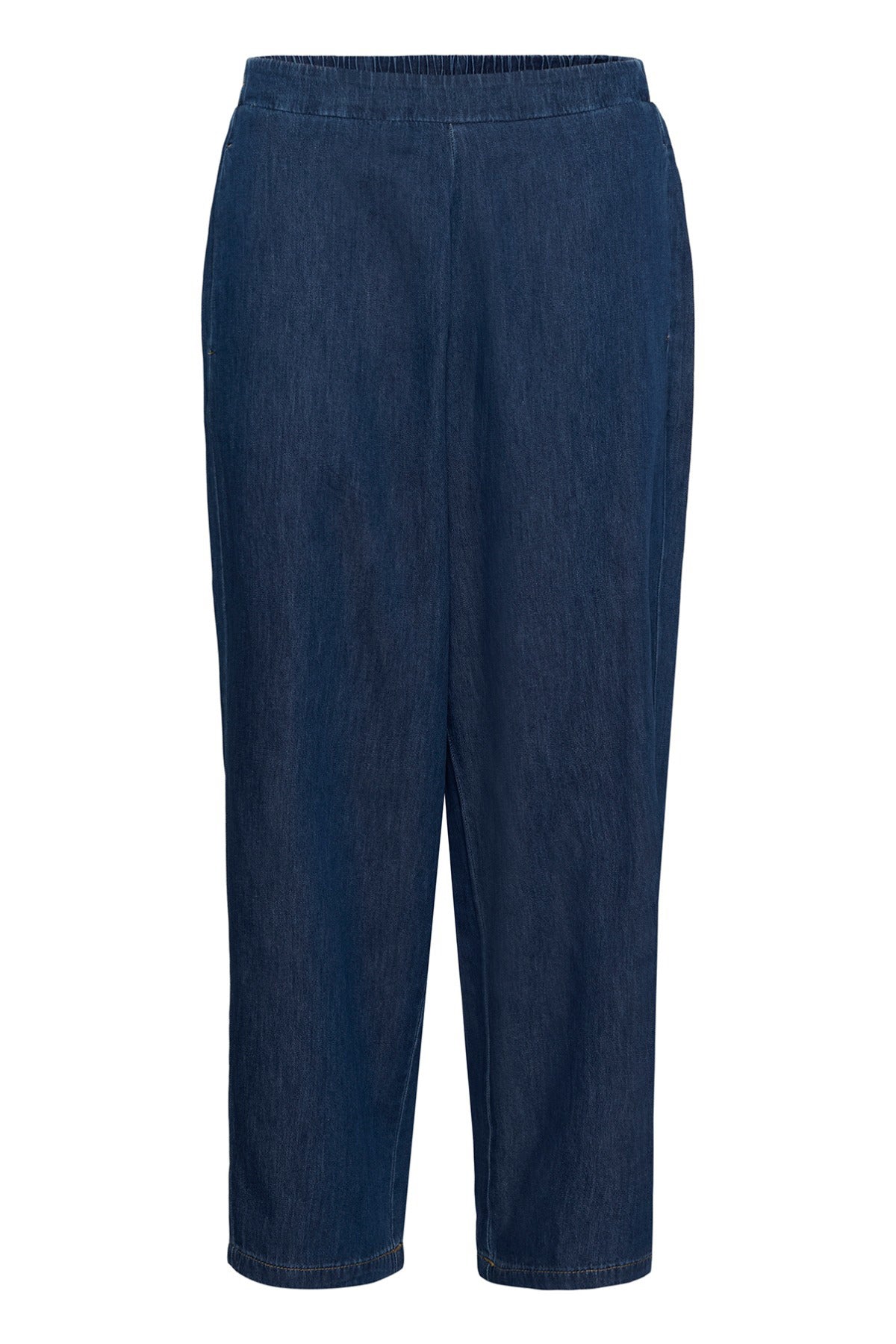 Mørkeblå denim bukser med elastisk talje og lige ben.