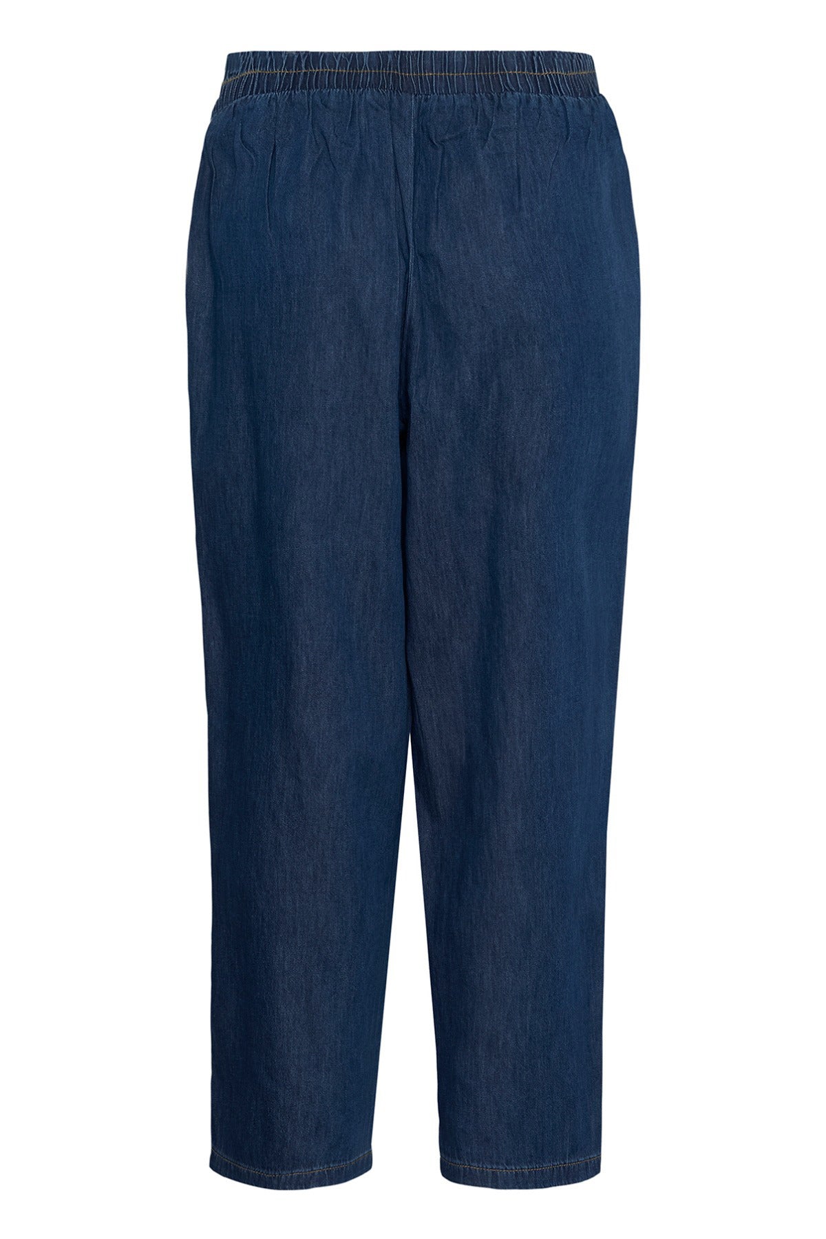 Mørkeblå denim bukser med elastisk talje og lige ben.