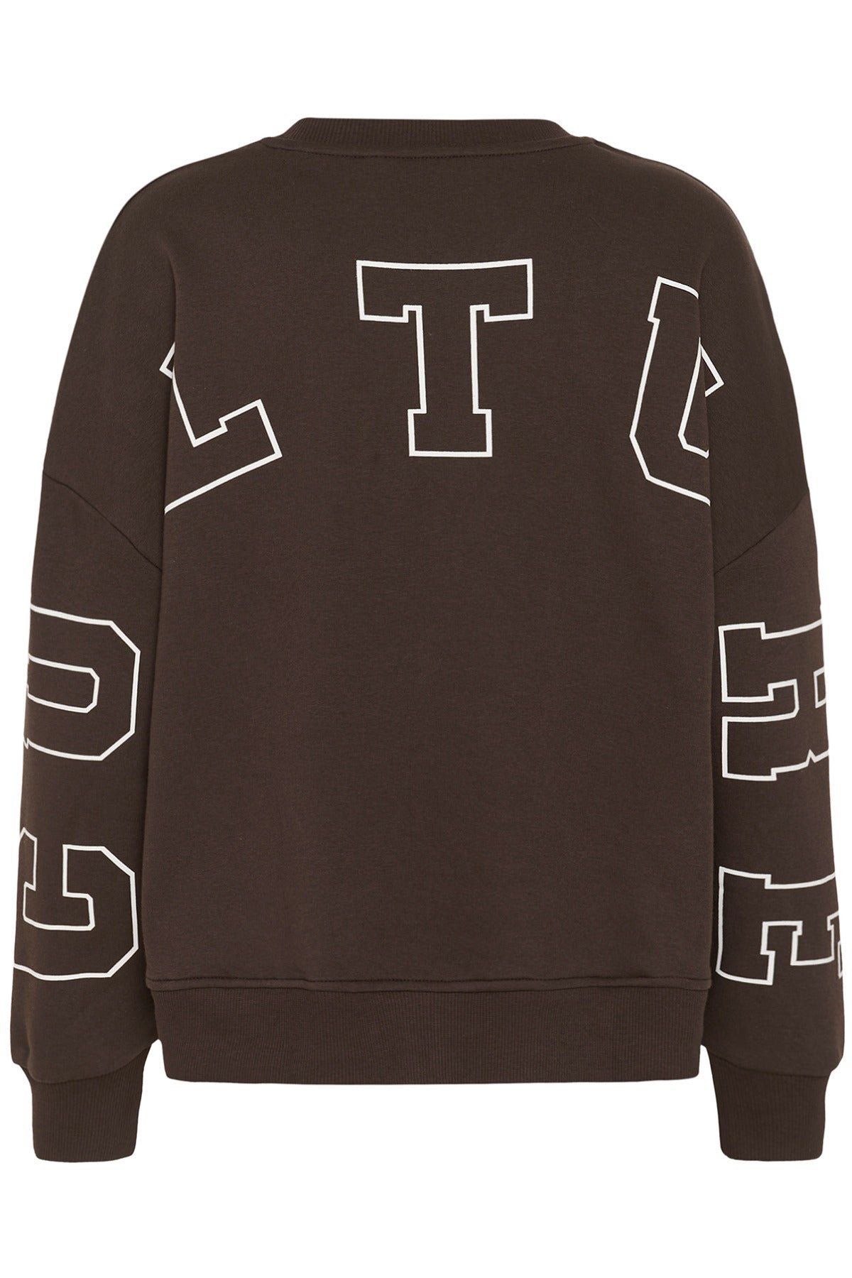 Brun sweatshirt i bomuld med hvide bogstaver og ribkanter på ærmer og talje.