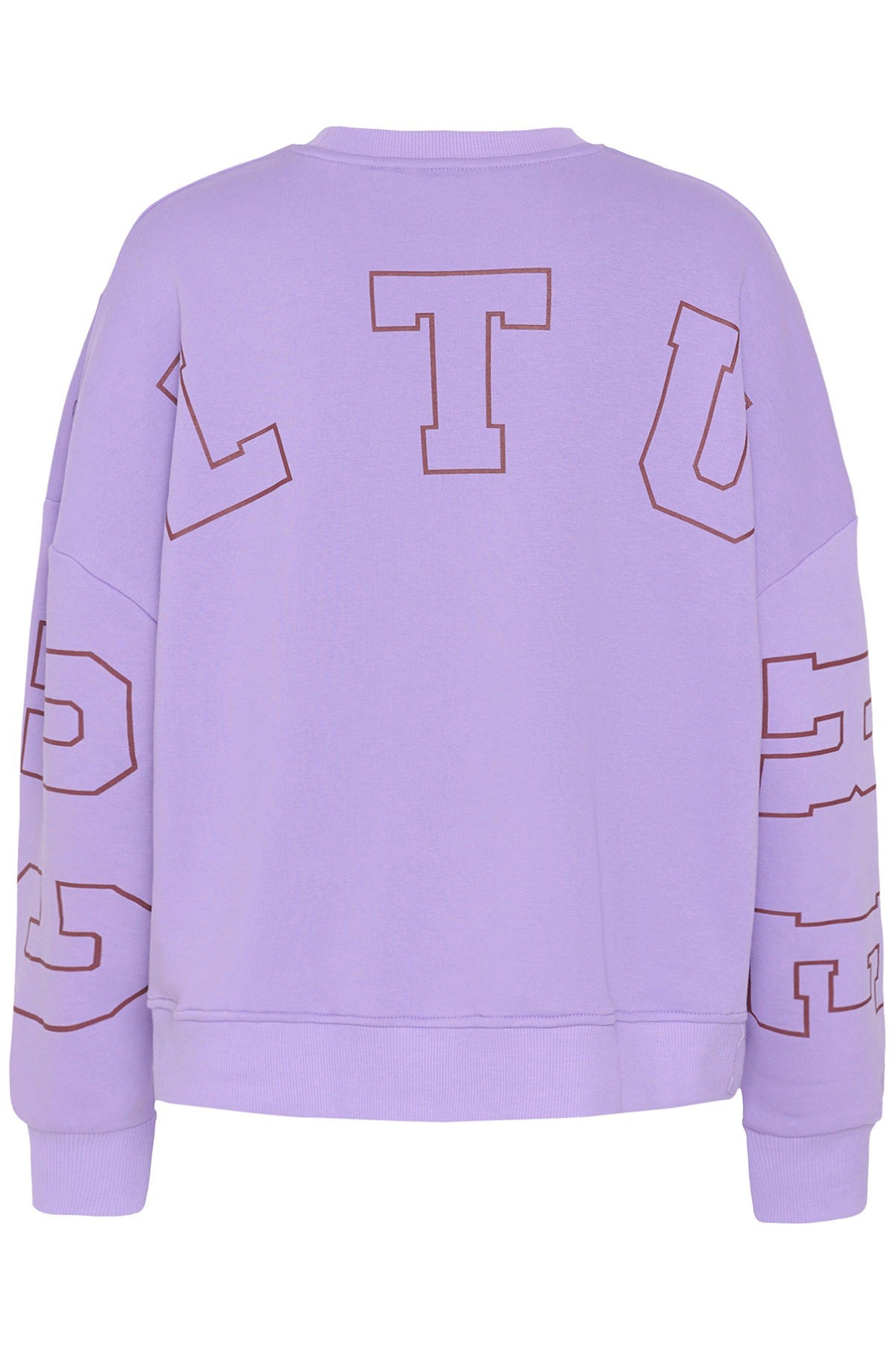 Violet tulip sweatshirt med store, kantede bogstaver printet på ryg og ærmer, rund hals og ribkant.