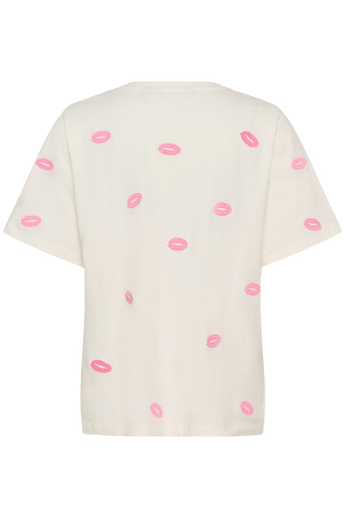 Kortærmet beige t-shirt med løstsiddende pasform og pink læbestiftsprint overalt.