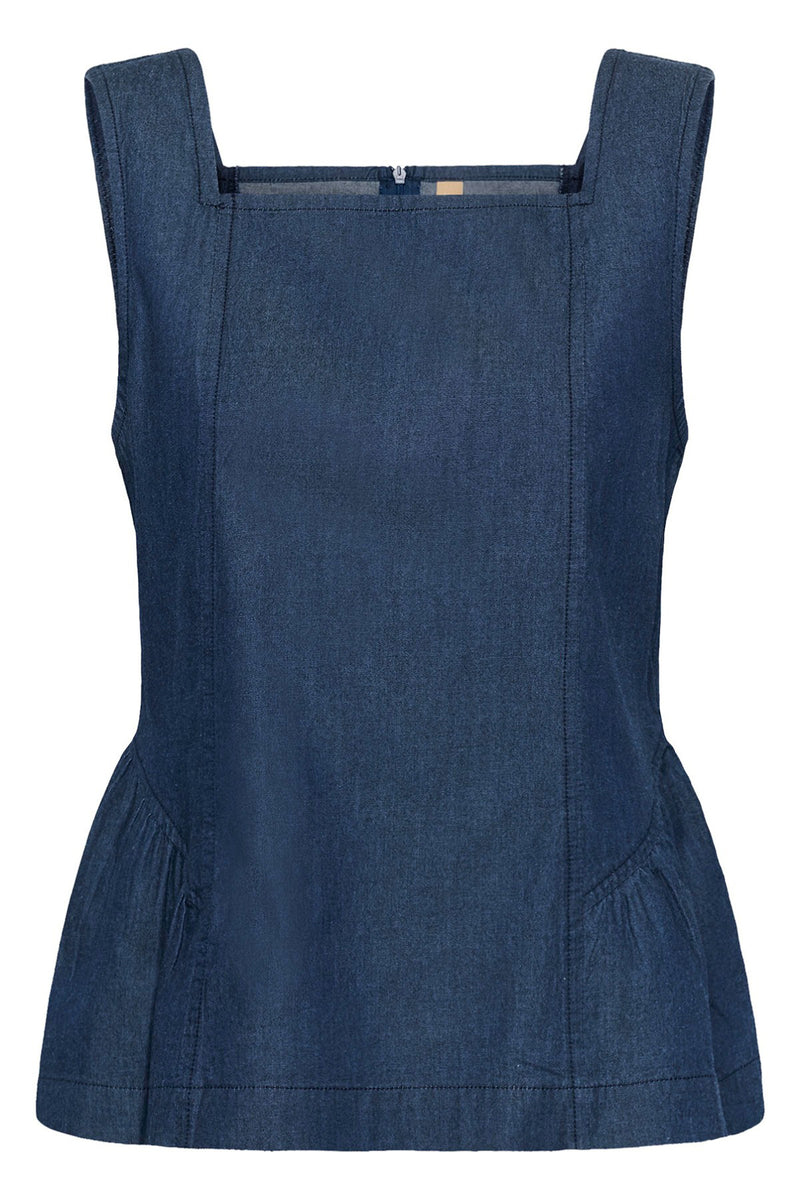 Mørkeblå denim top med firkantet hals og peplum-detalje nederst.