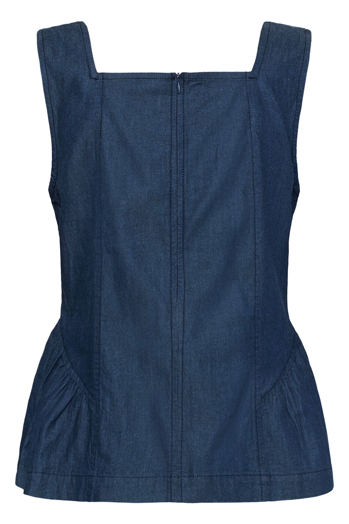 Blå denim top med firkantet hals og peplum-detaljer, uden ærmer.
