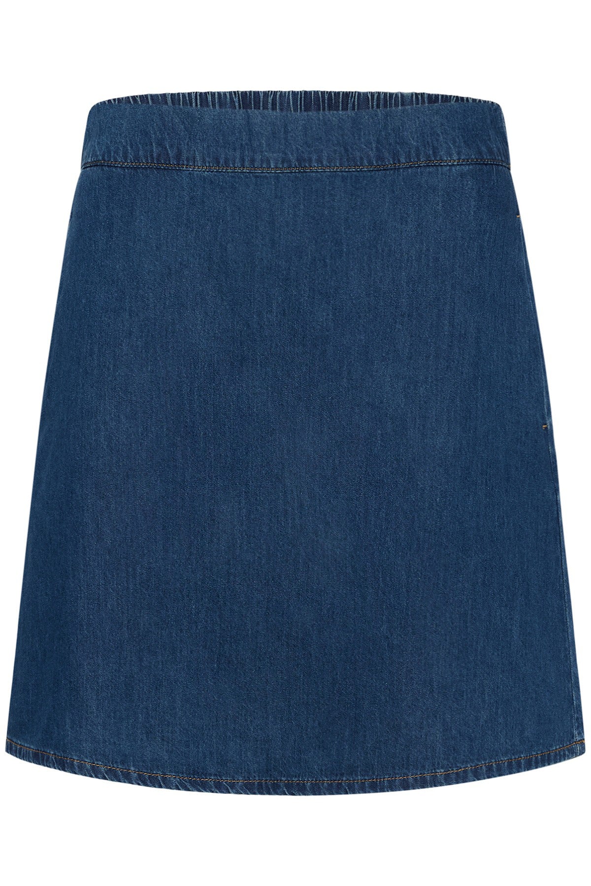 Kort mørkeblå denim nederdel med elastisk talje og enkel A-formet silhuet.