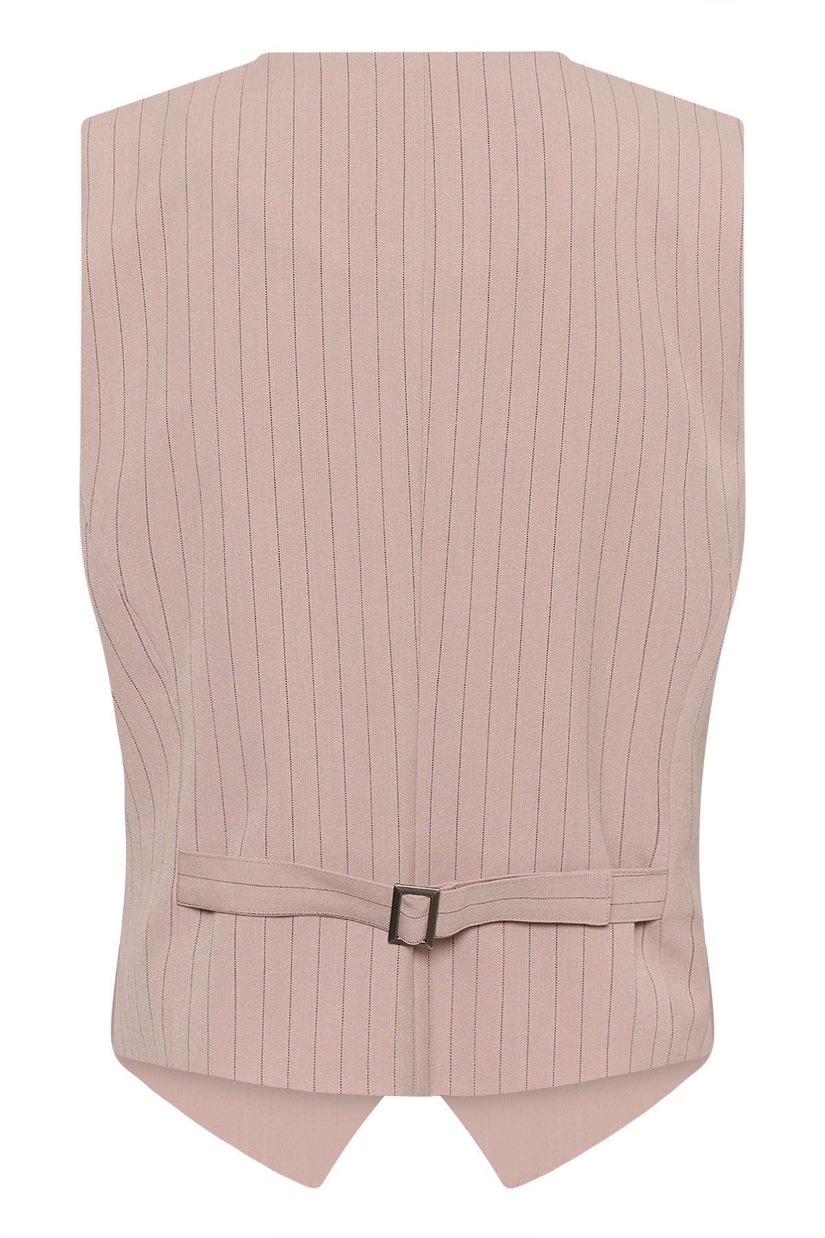 Ryg af pale mauve vest med smalle lyserøde striber og justerbar spænde i taljen.