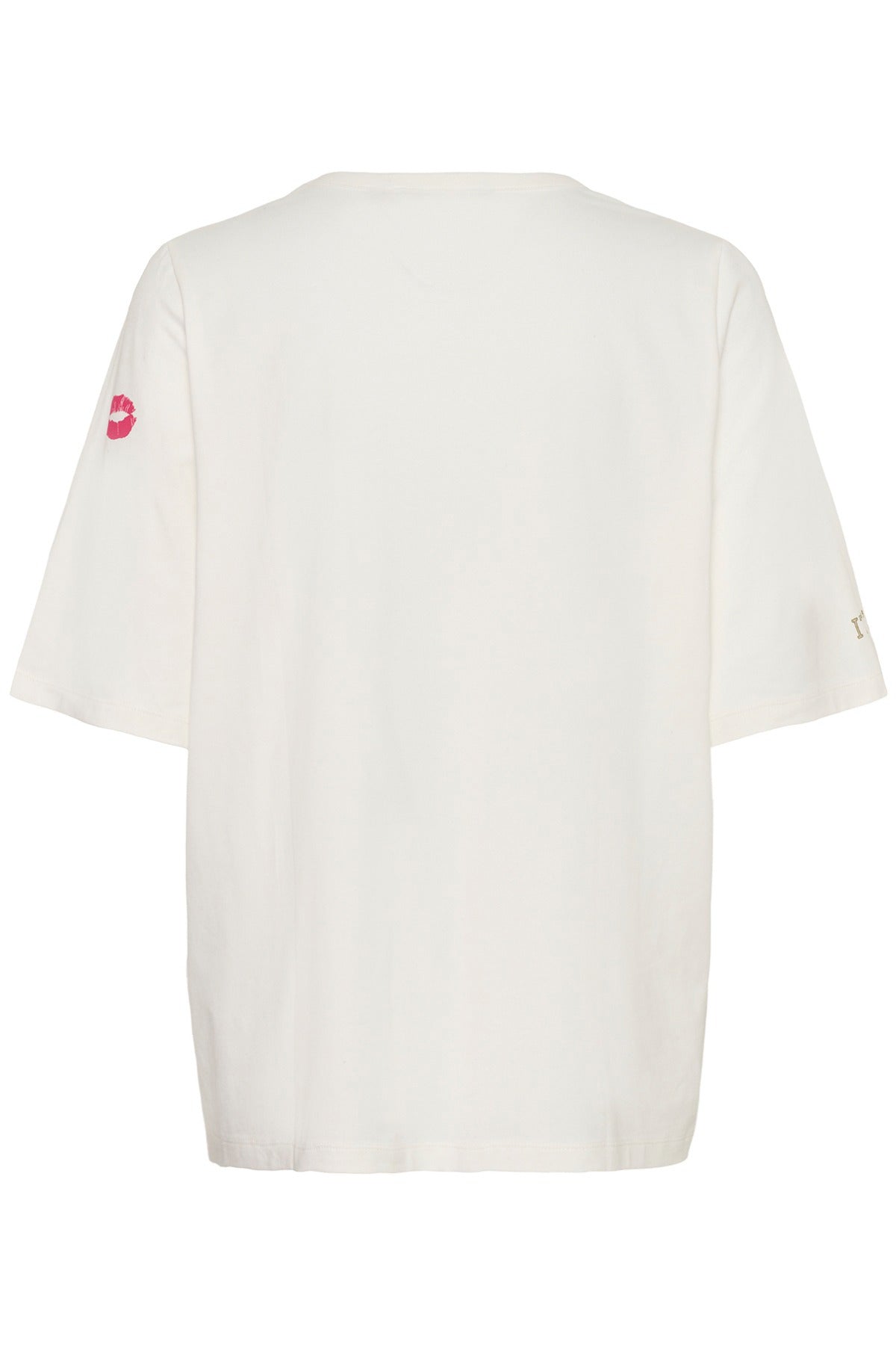 Hvid kortærmet t-shirt med rund hals og lille pink logo på venstre ærme.