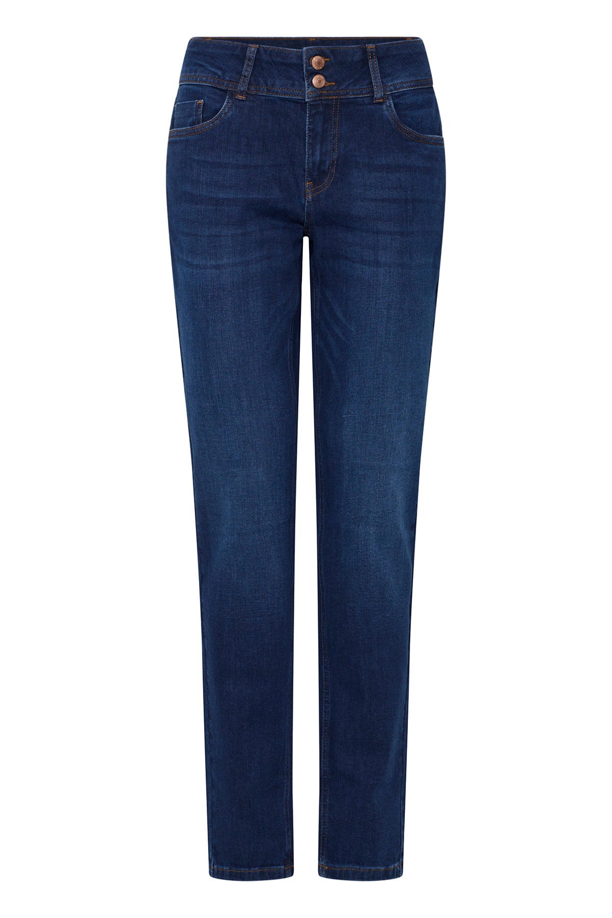 Højtaljede skinny jeans i mørkeblå denim med to knapper og lommer foran.