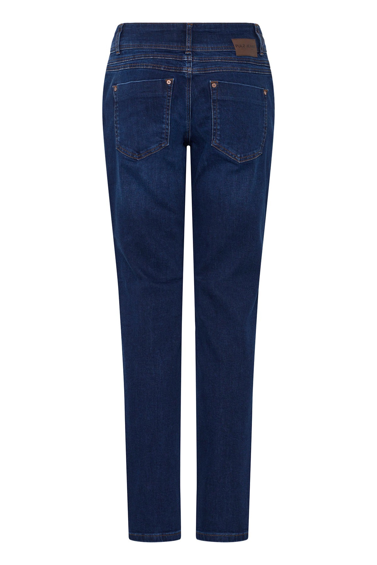 Højtaljede skinny jeans i mørkeblå denim med skrålommer og læderlabel bagpå waistbandet.