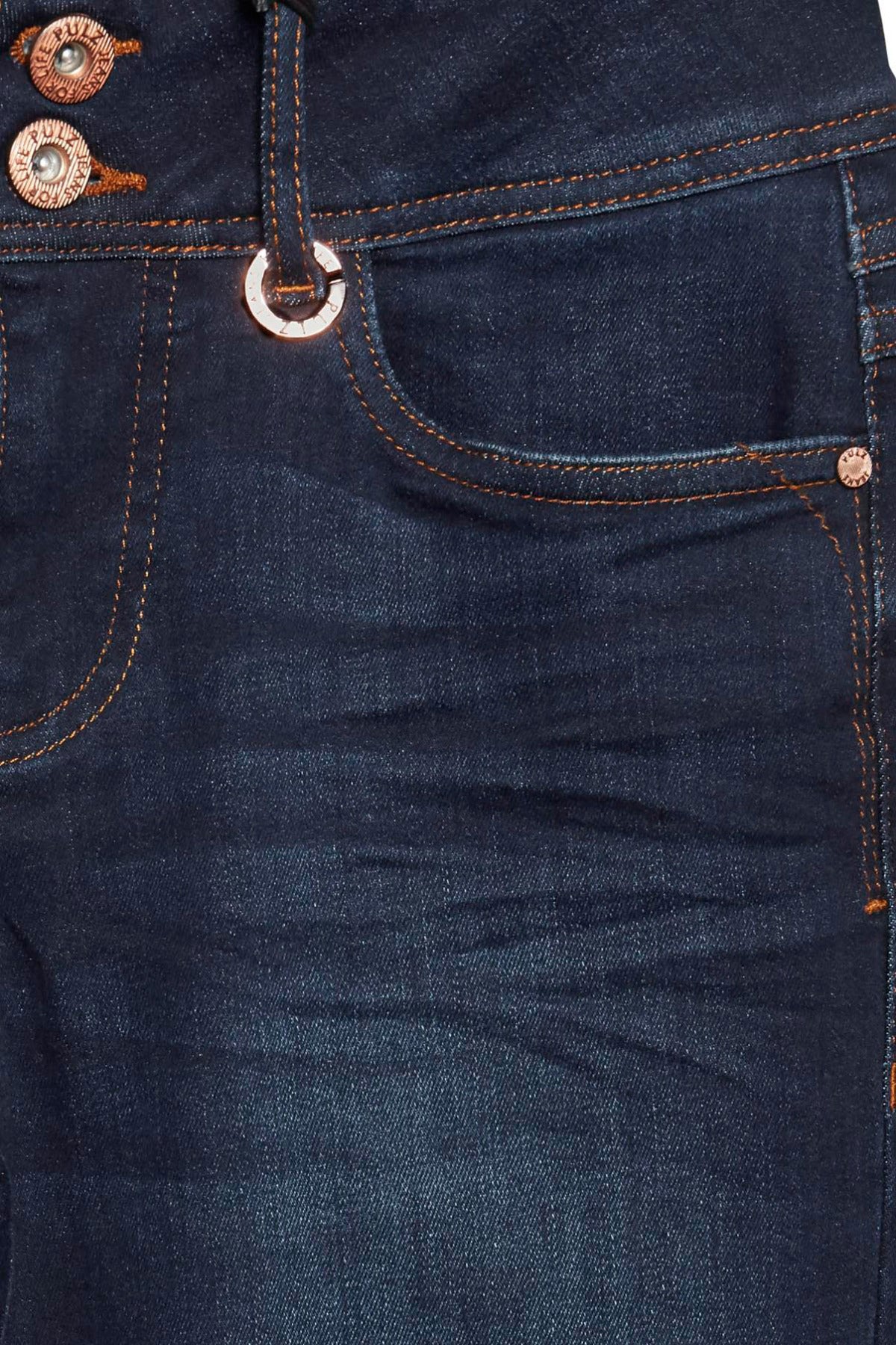 Højtaljede skinny jeans i mørkeblå denim med dobbelt knaplukning og kobberfarvet syning.