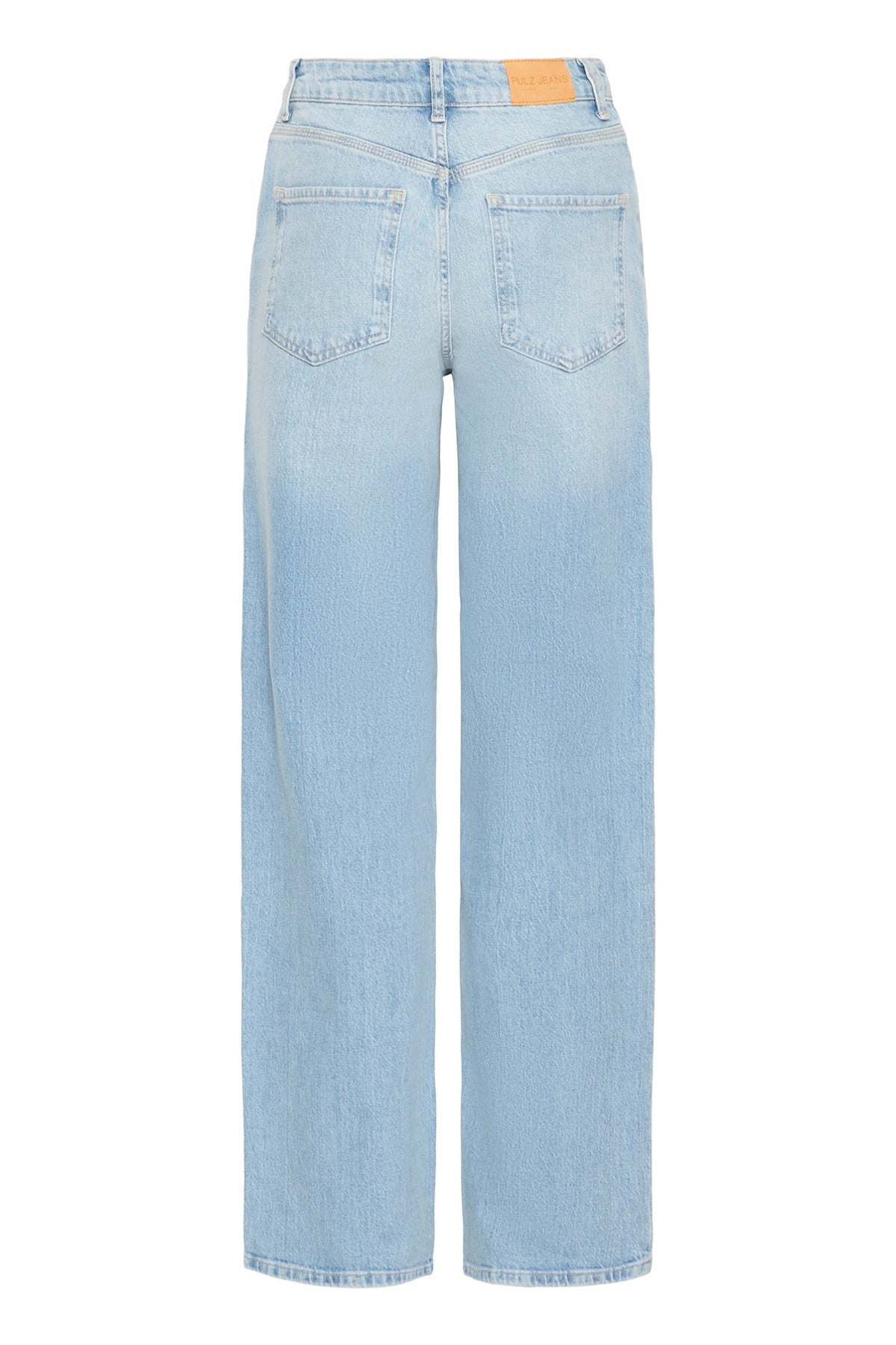 Ultra højtaljede lyseblå denimjeans med brede ben og baglommer.